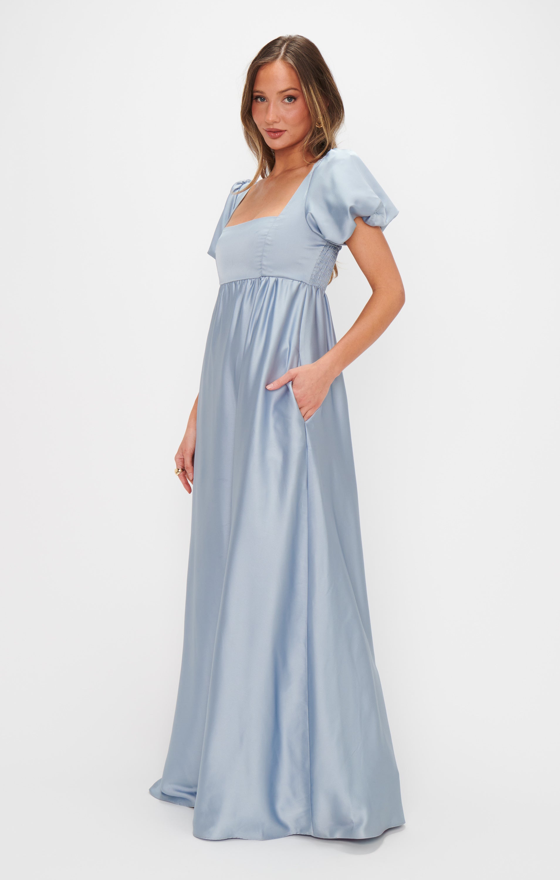 Steel Blue Satin Nora Maxi Dress with Square Neck & Smocked Back