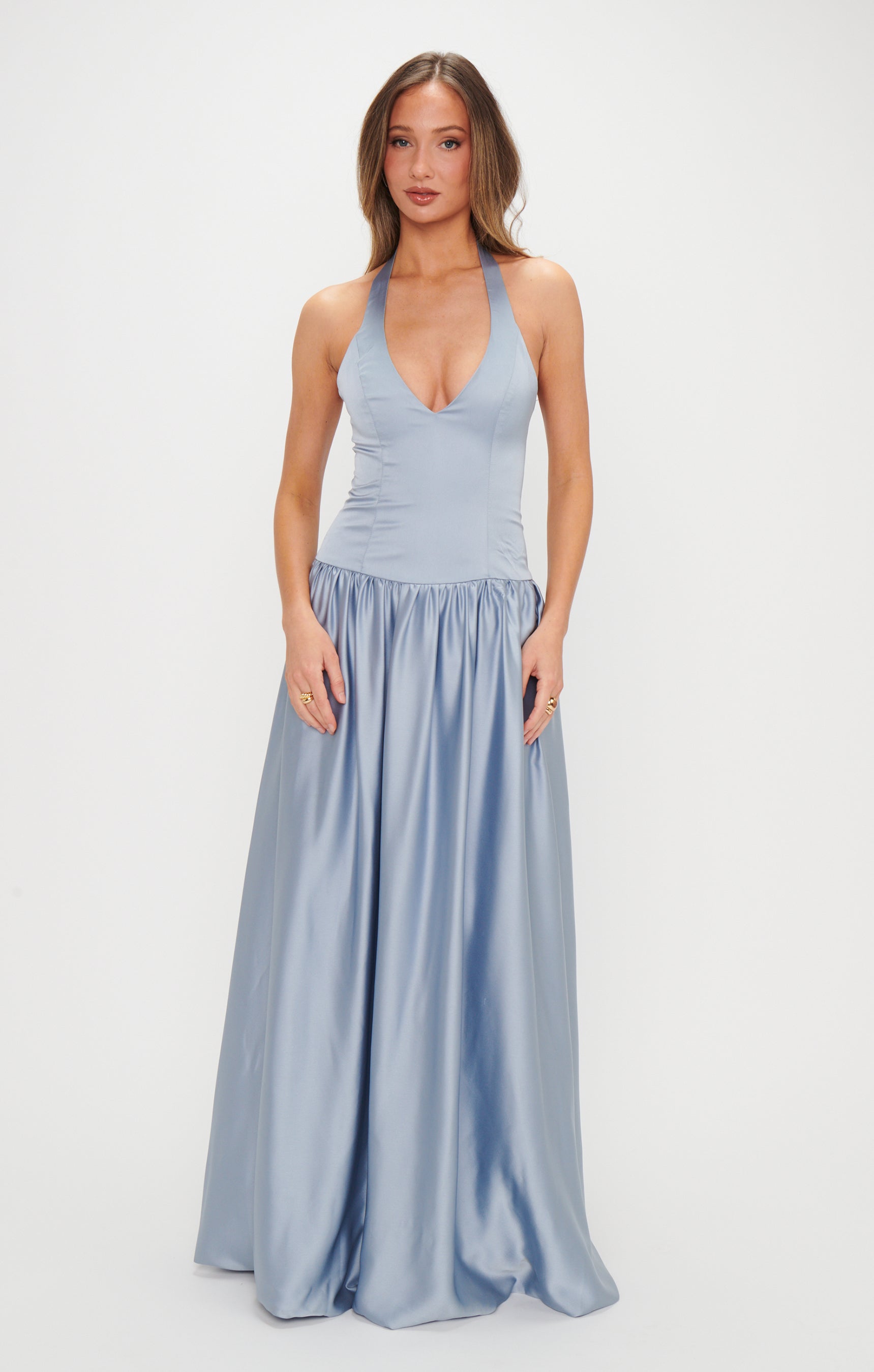 Steel Blue Luxe Satin Eliza Halter Maxi Dress for Bridesmaids