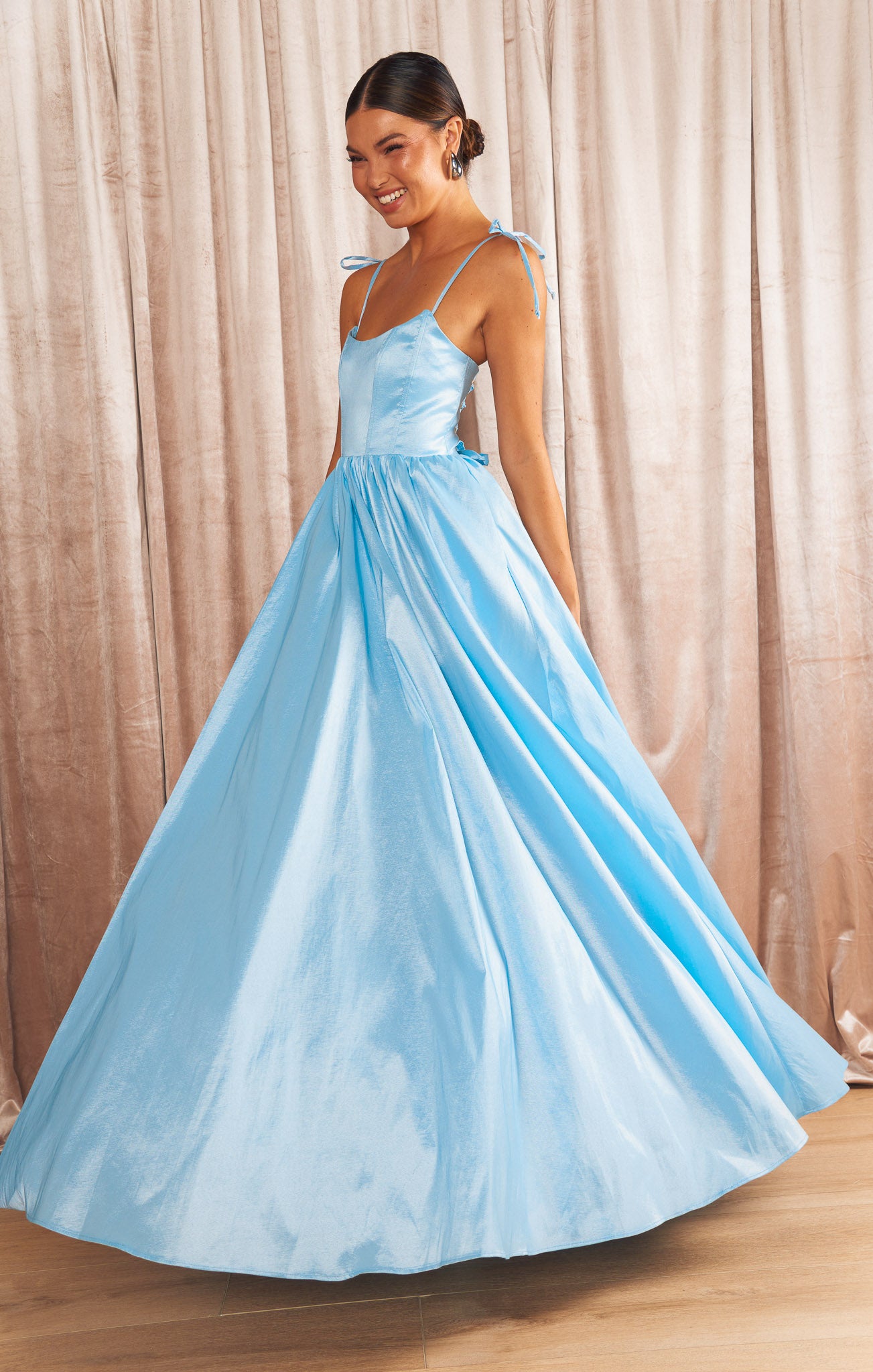 Light Blue Taffeta Juliet Maxi Dress with Corset Bodice