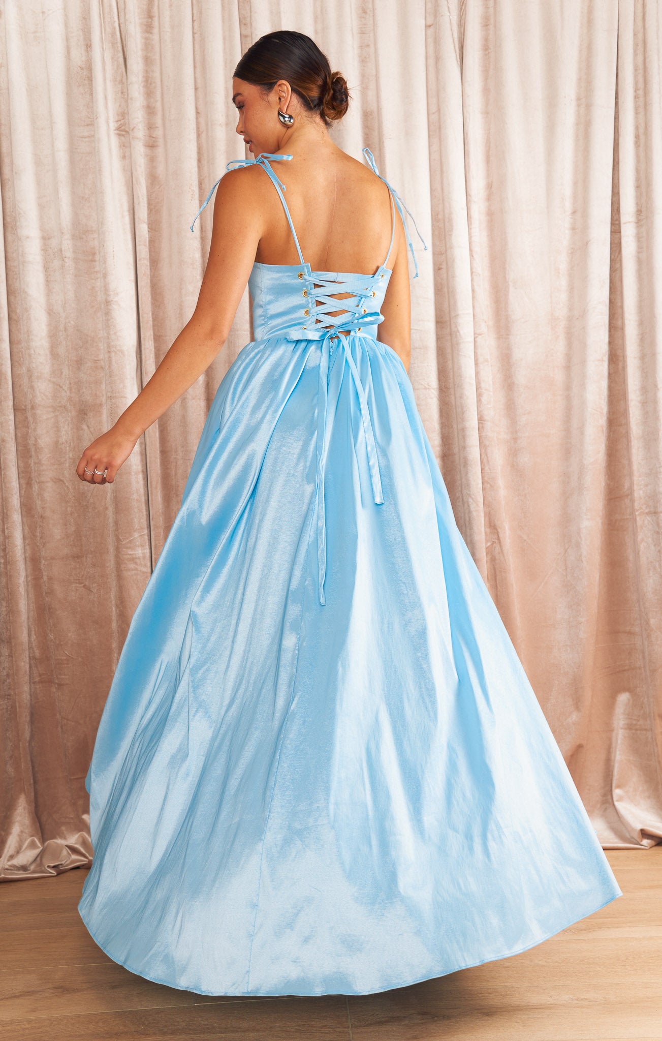 Light Blue Taffeta Juliet Maxi Dress with Corset Bodice