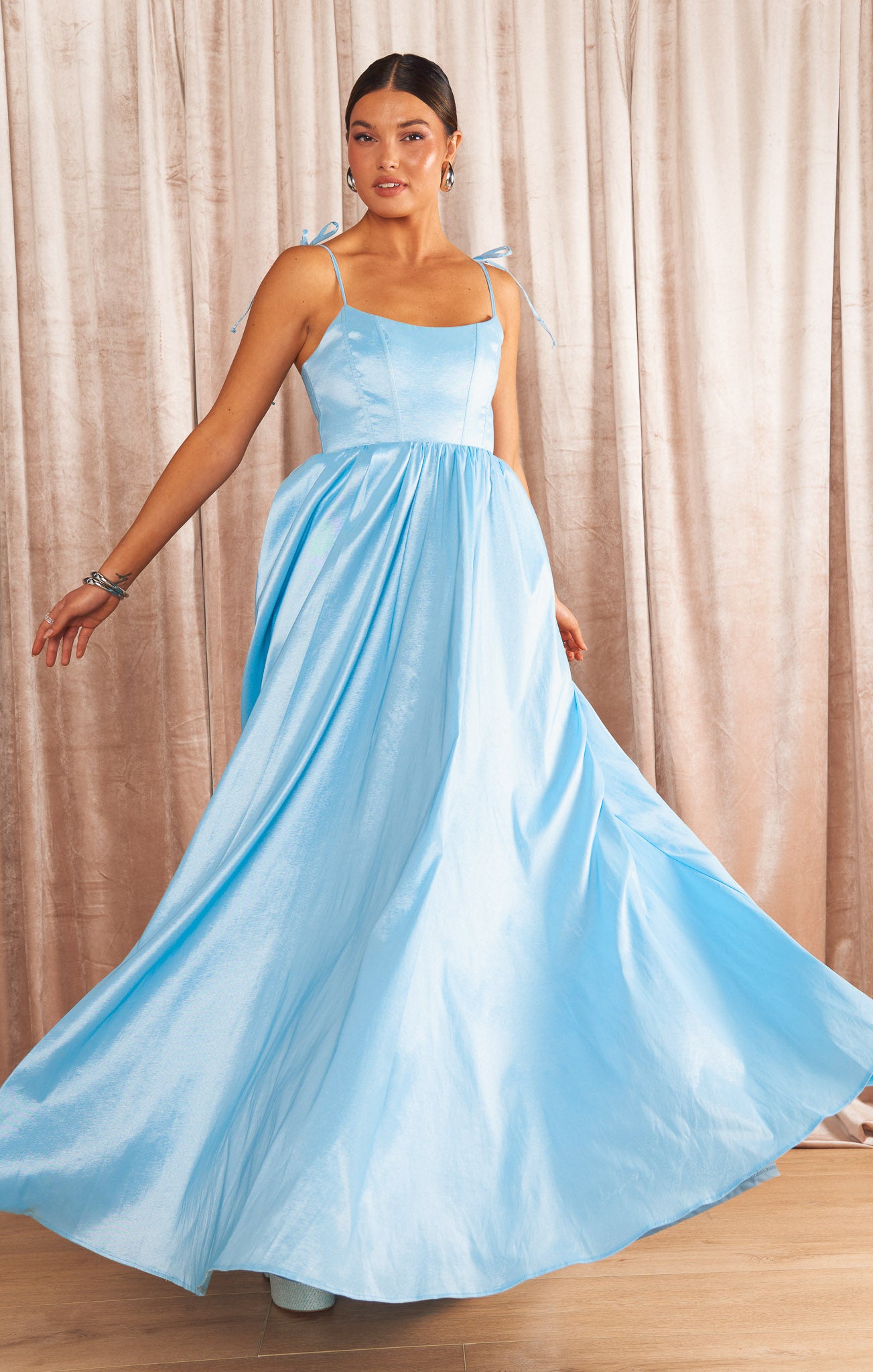 Light Blue Taffeta Juliet Maxi Dress with Corset Bodice