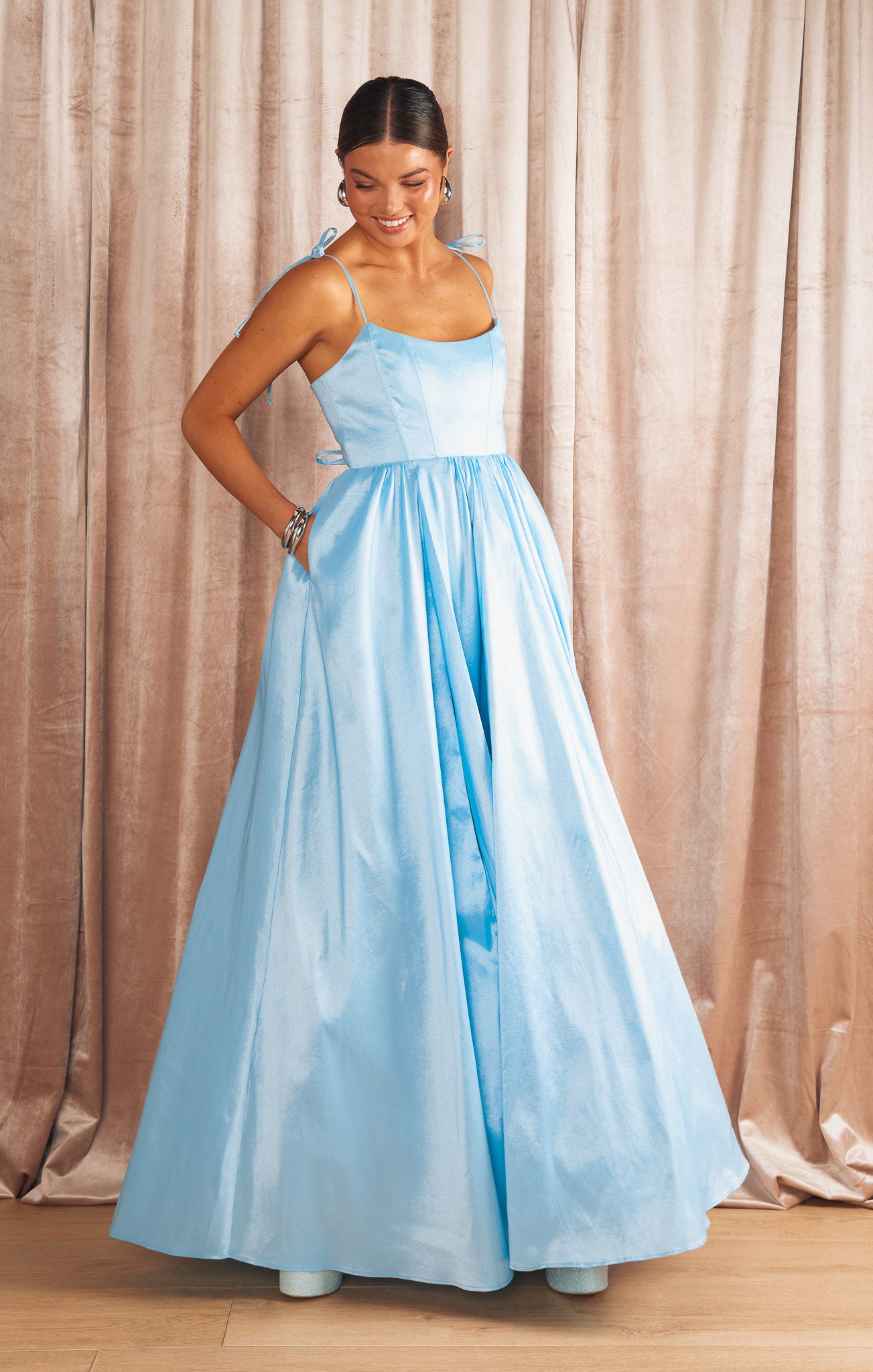 Light Blue Taffeta Juliet Maxi Dress with Corset Bodice