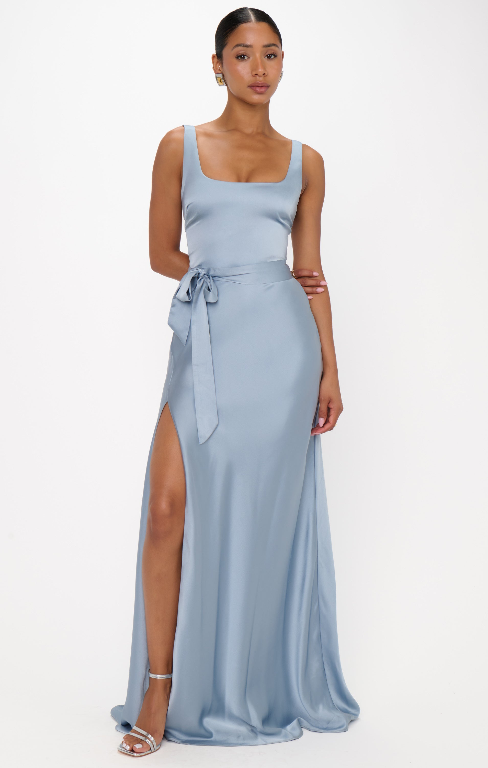 Steel Blue Satin Lana Maxi Dress with Detachable Sash