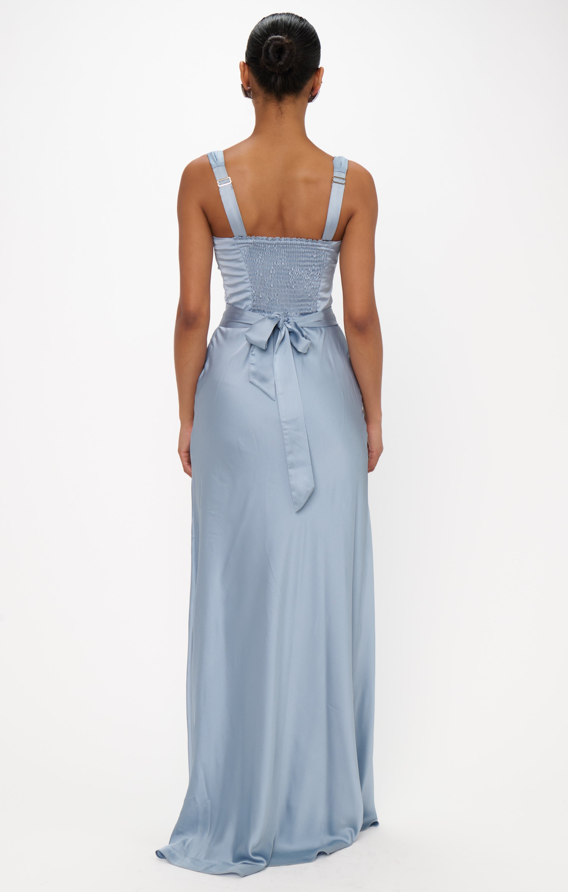 Steel Blue Satin Lana Maxi Dress with Detachable Sash