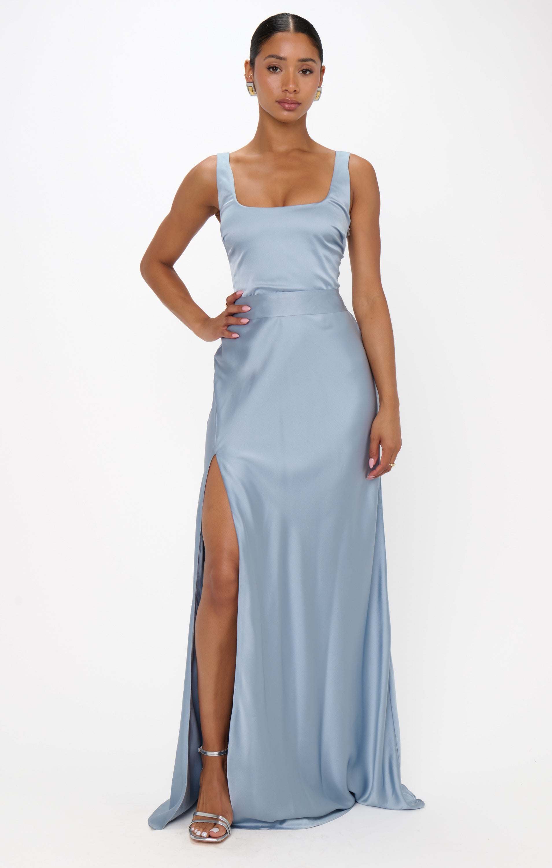 Steel Blue Satin Lana Maxi Dress with Detachable Sash