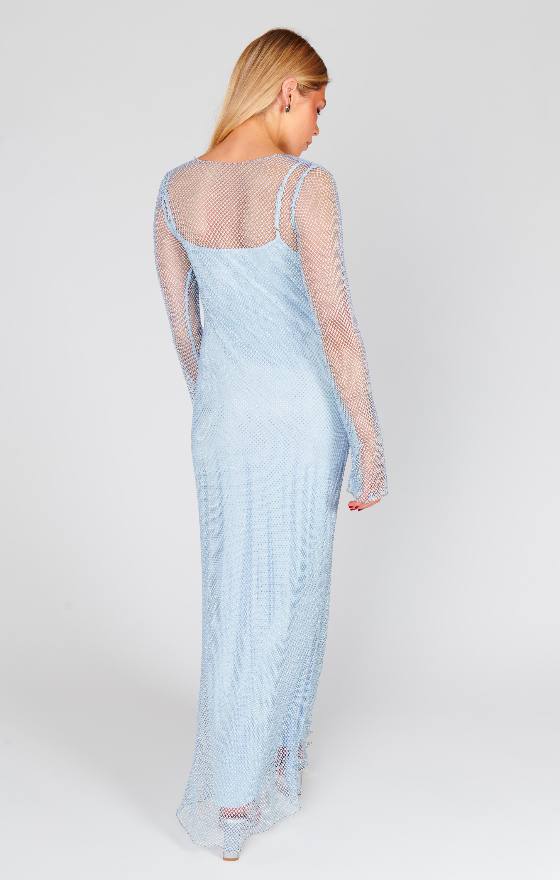 Sparkling Mesh Maxi Dress with Detachable Slip - Light Blue Glitz