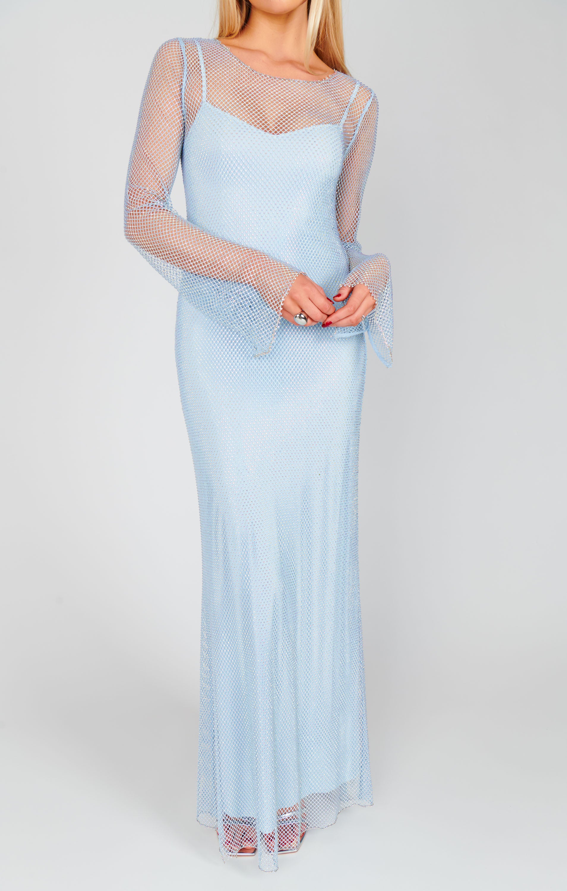 Sparkling Mesh Maxi Dress with Detachable Slip - Light Blue Glitz