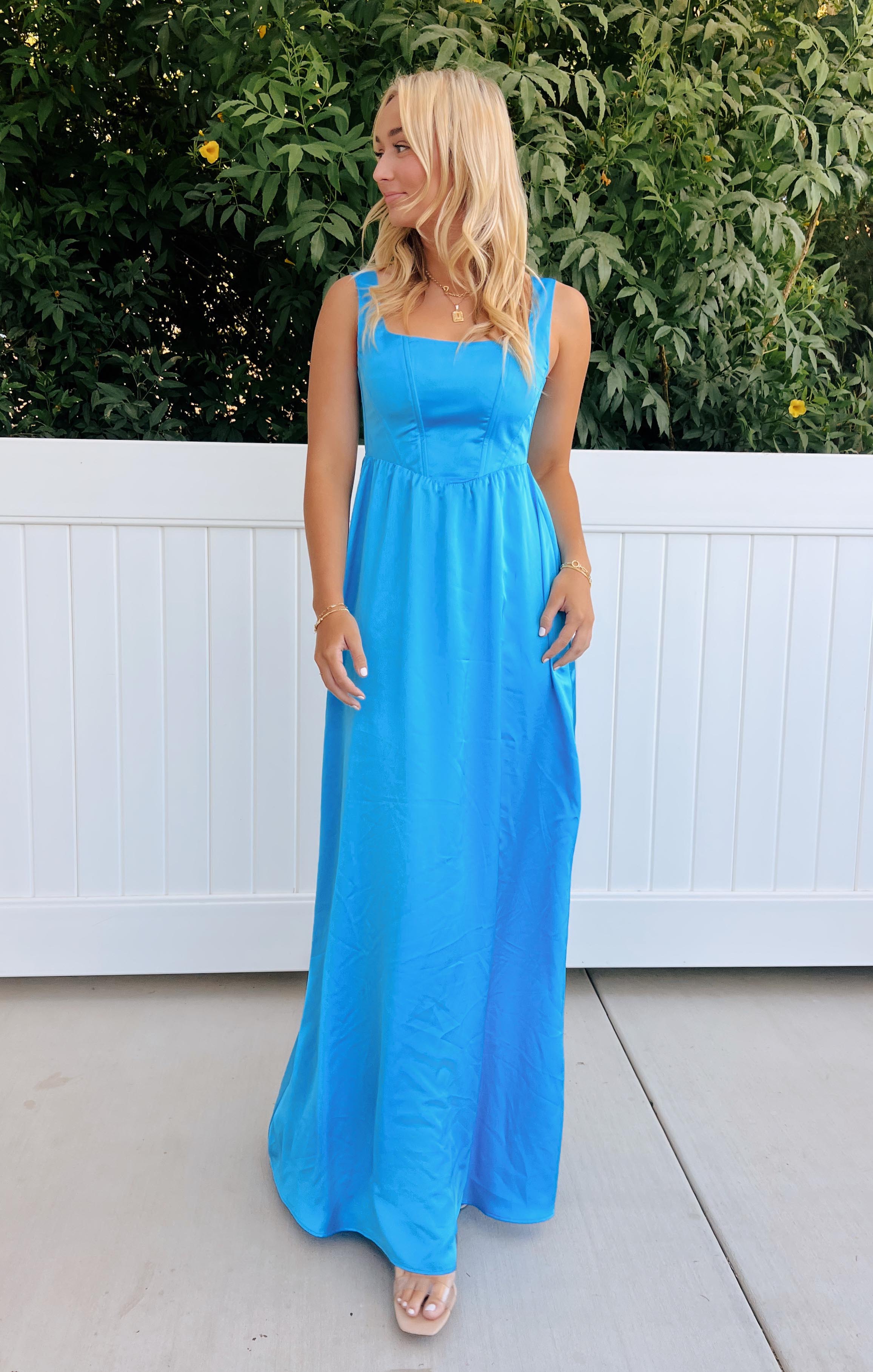 Nina Luxe Satin Maxi Dress with Corset Bodice - Azure Blue