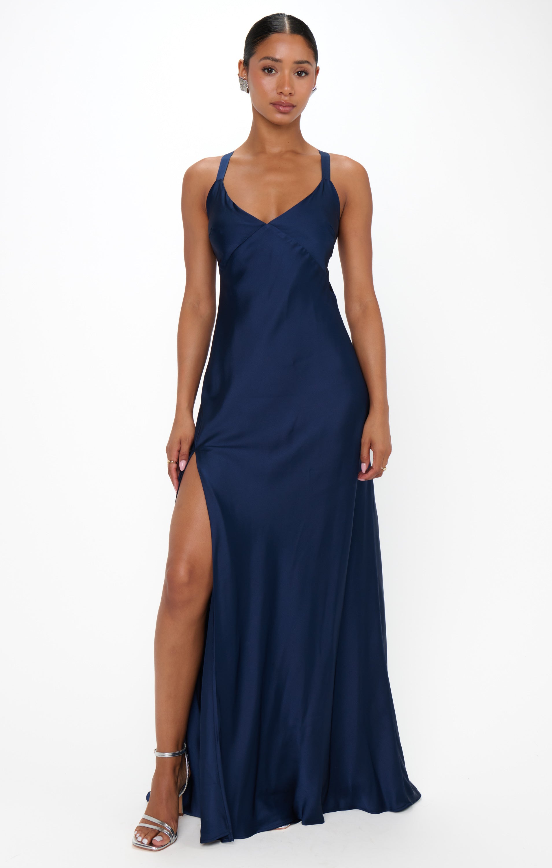 Anderson Midnight Navy Luxe Satin Maxi Dress with Open Back
