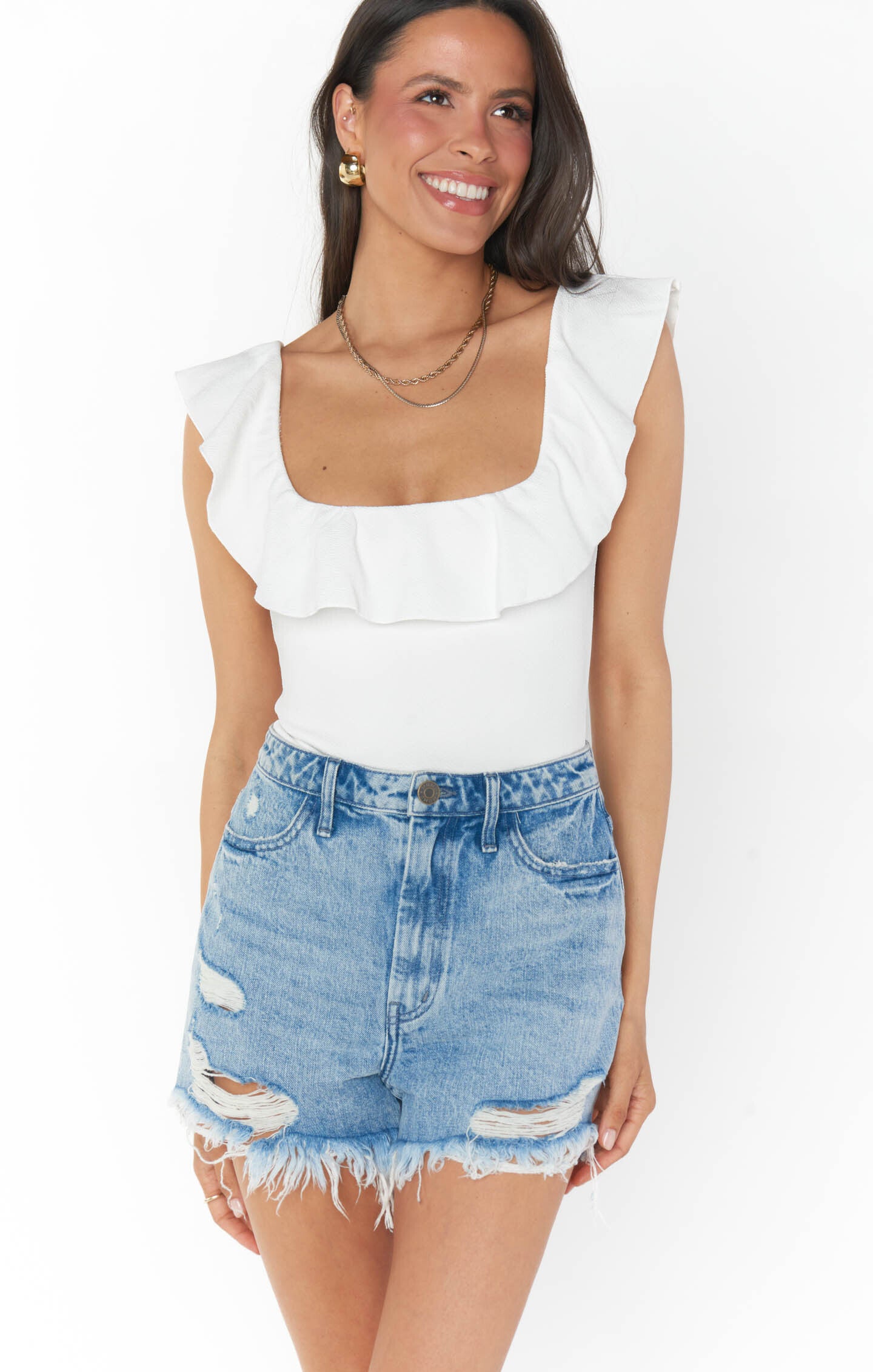 White Square Neck Ruffle Sleeve Bodysuit - Rochelle Stretch