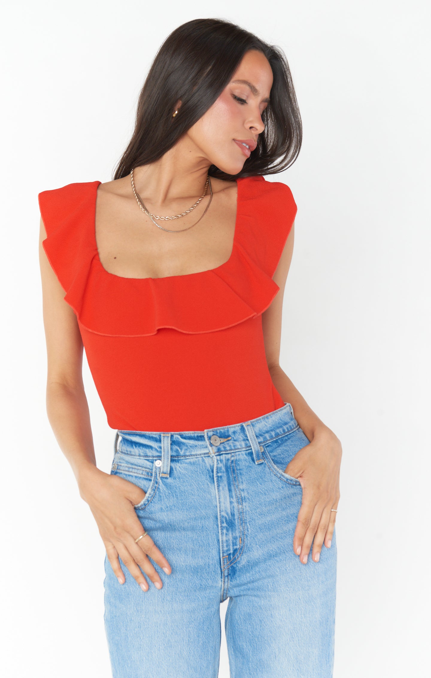 Red Ruffle Sleeve Square Neck Bodysuit - Stretch Romantic Lingerie