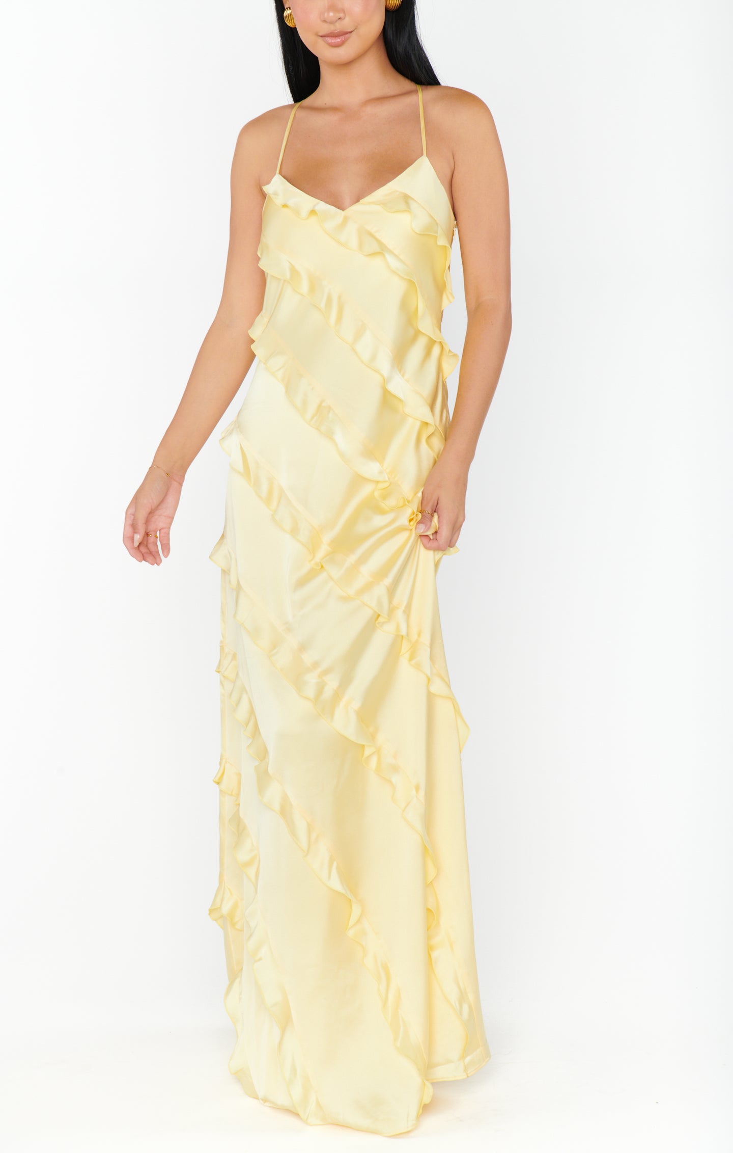 Pale Yellow Satin Ruffle Maxi Dress for Weddings & Formal Events