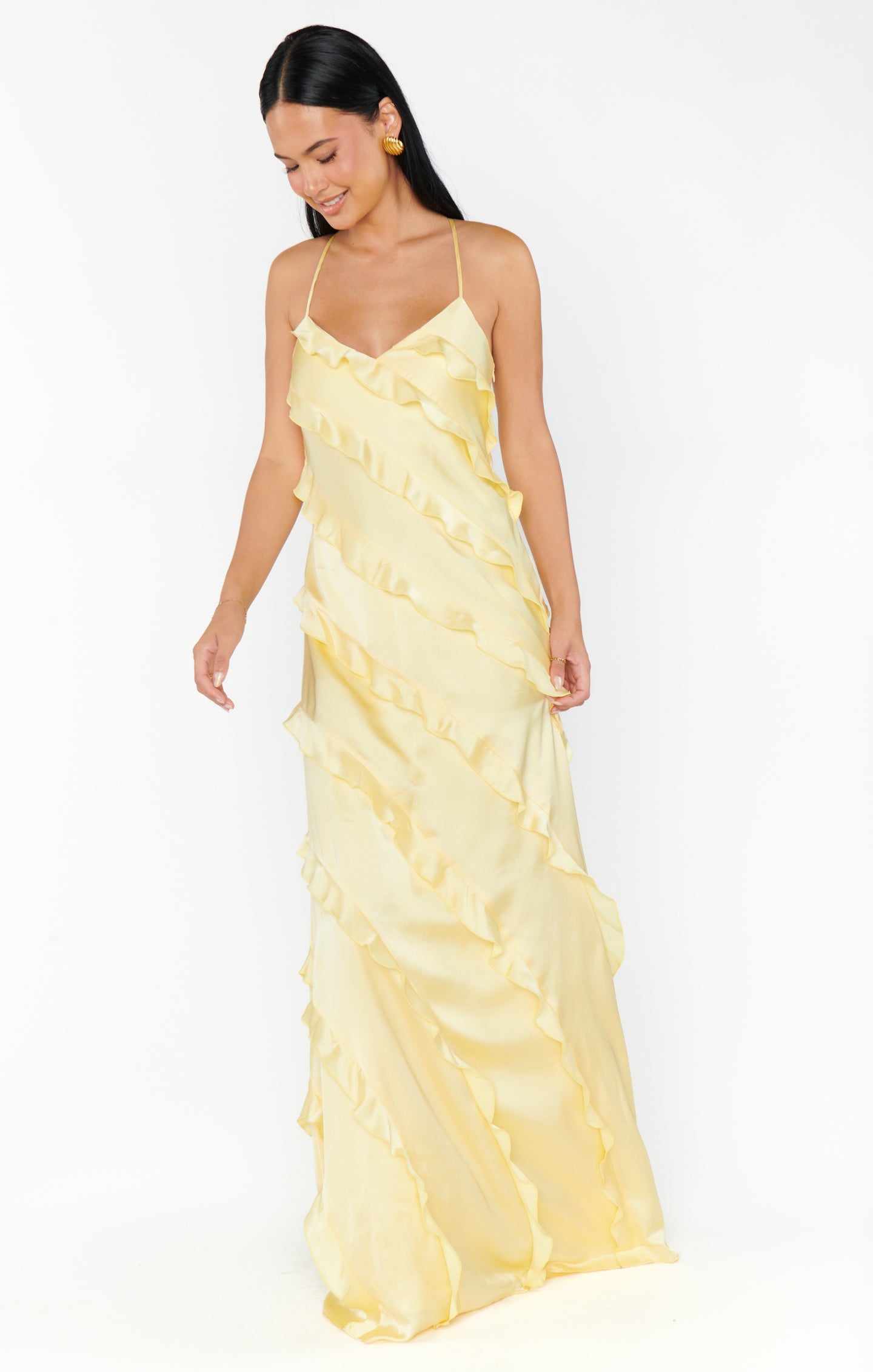Pale Yellow Satin Ruffle Maxi Dress for Weddings & Formal Events