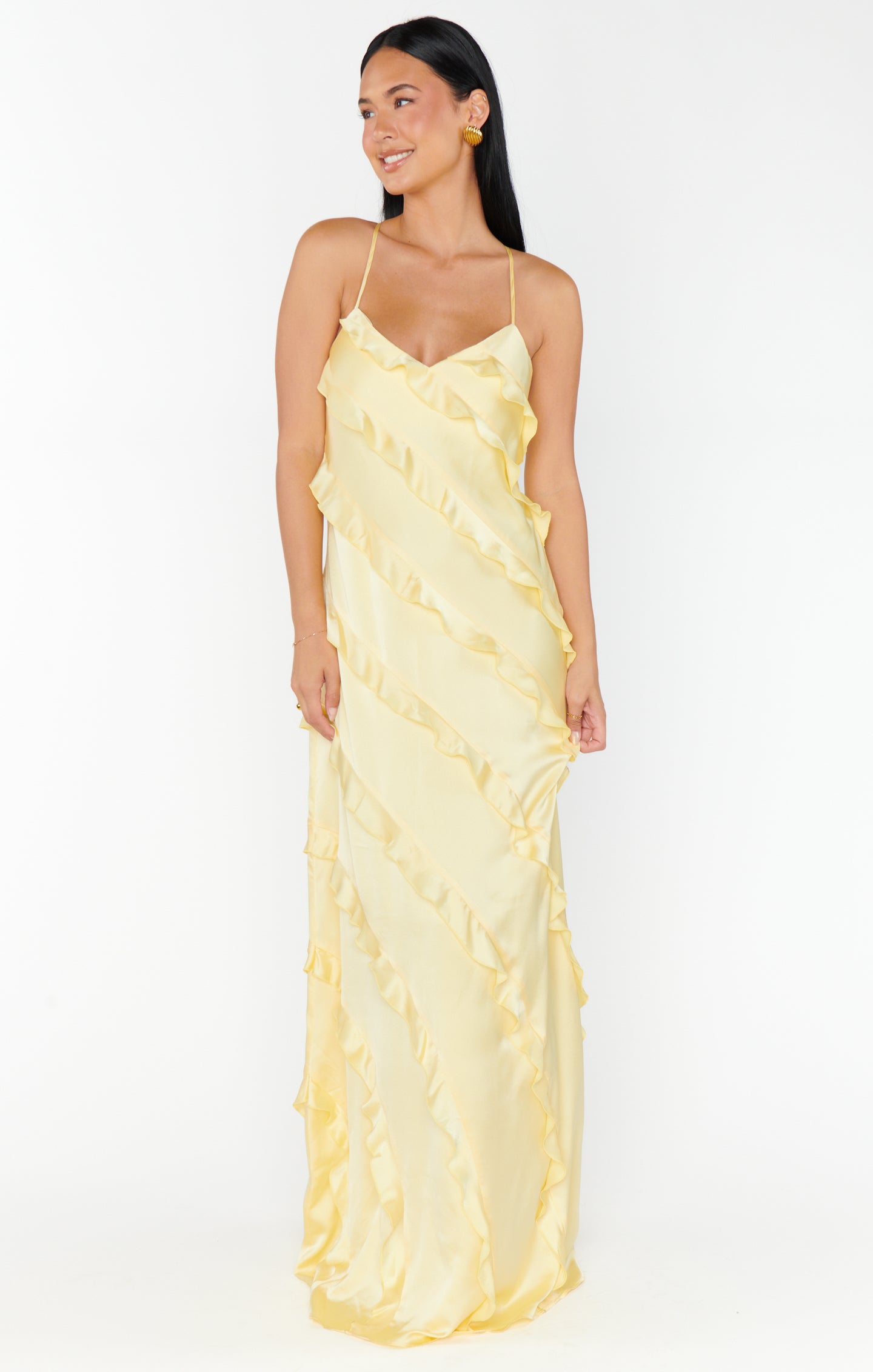 Pale Yellow Satin Ruffle Maxi Dress for Weddings & Formal Events