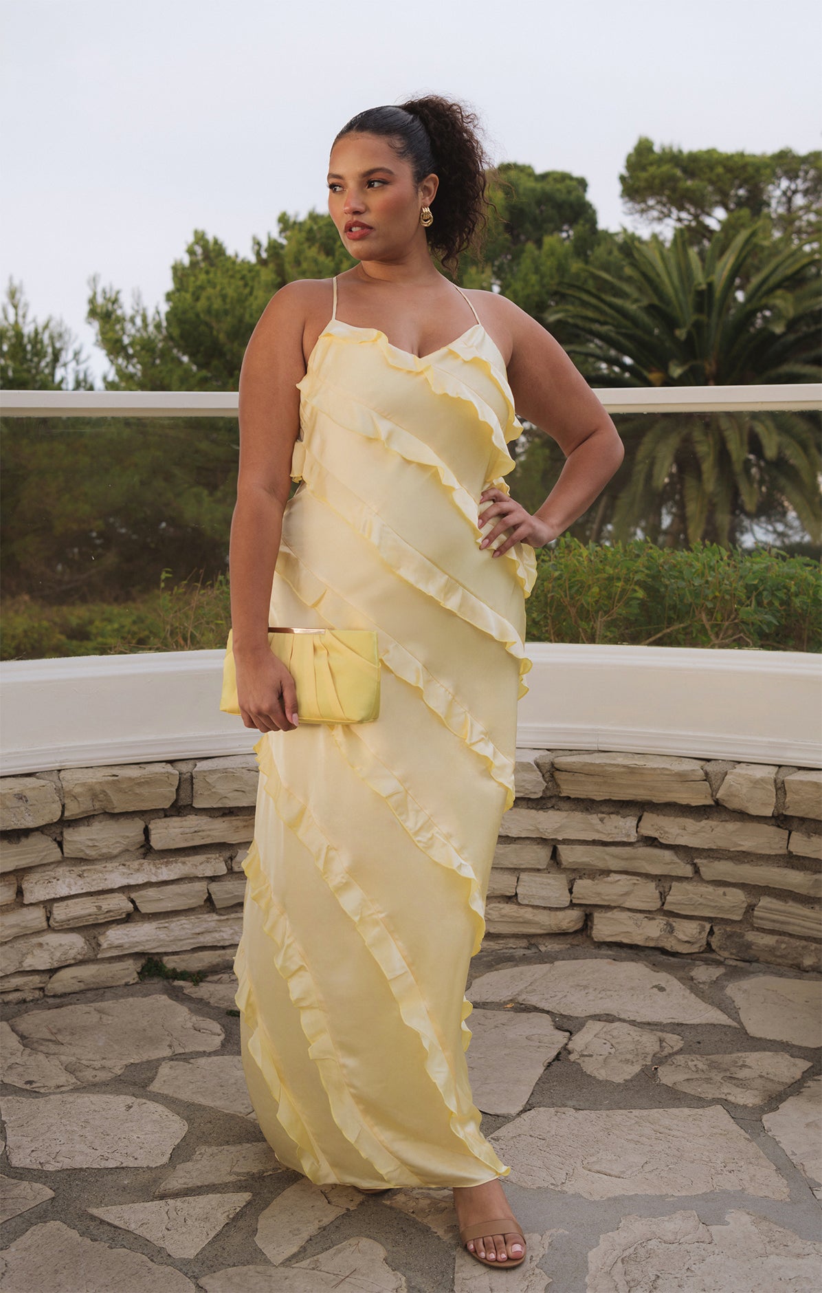 Pale Yellow Satin Ruffle Maxi Dress for Weddings & Formal Events