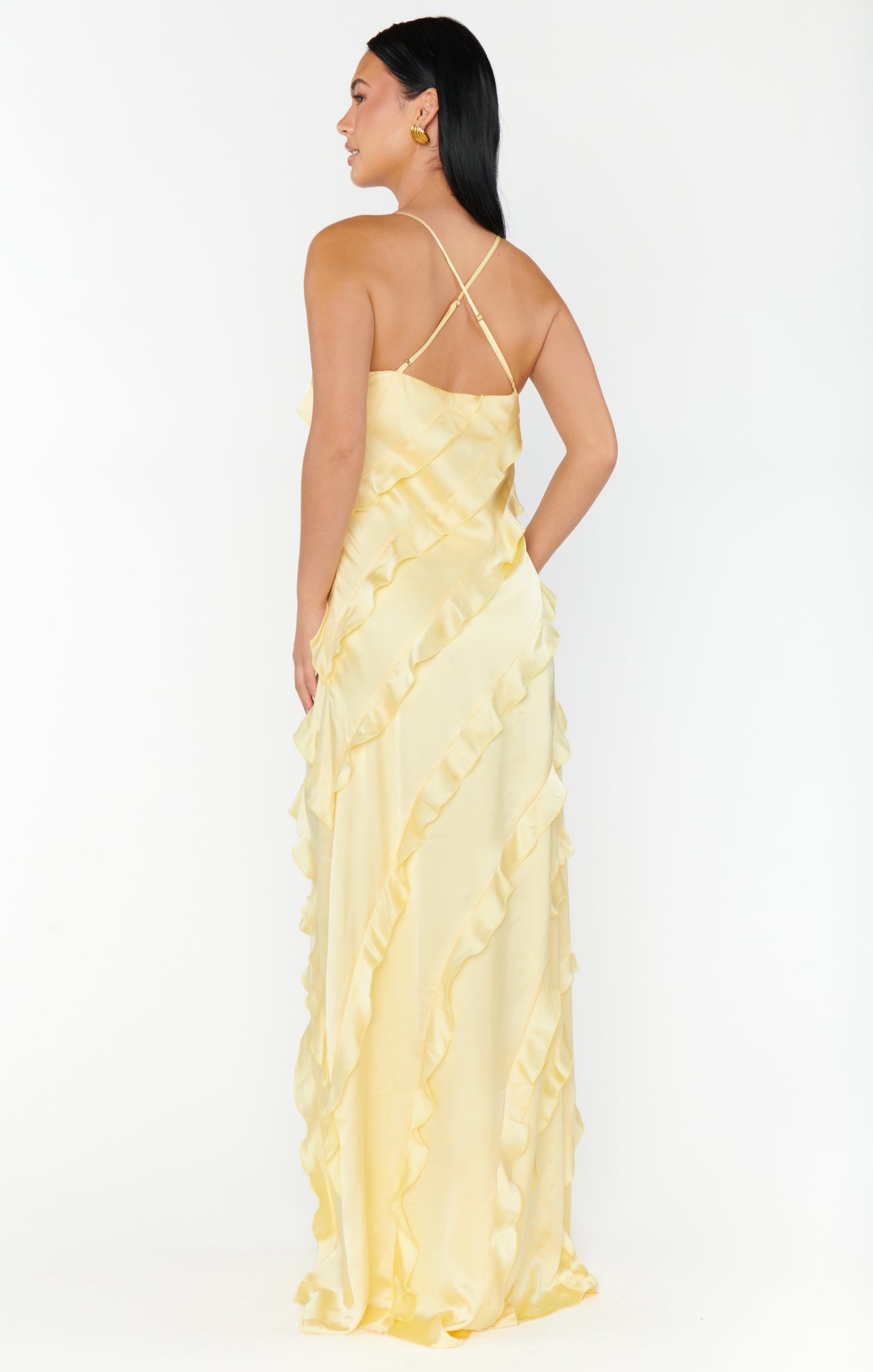 Pale Yellow Satin Ruffle Maxi Dress for Weddings & Formal Events
