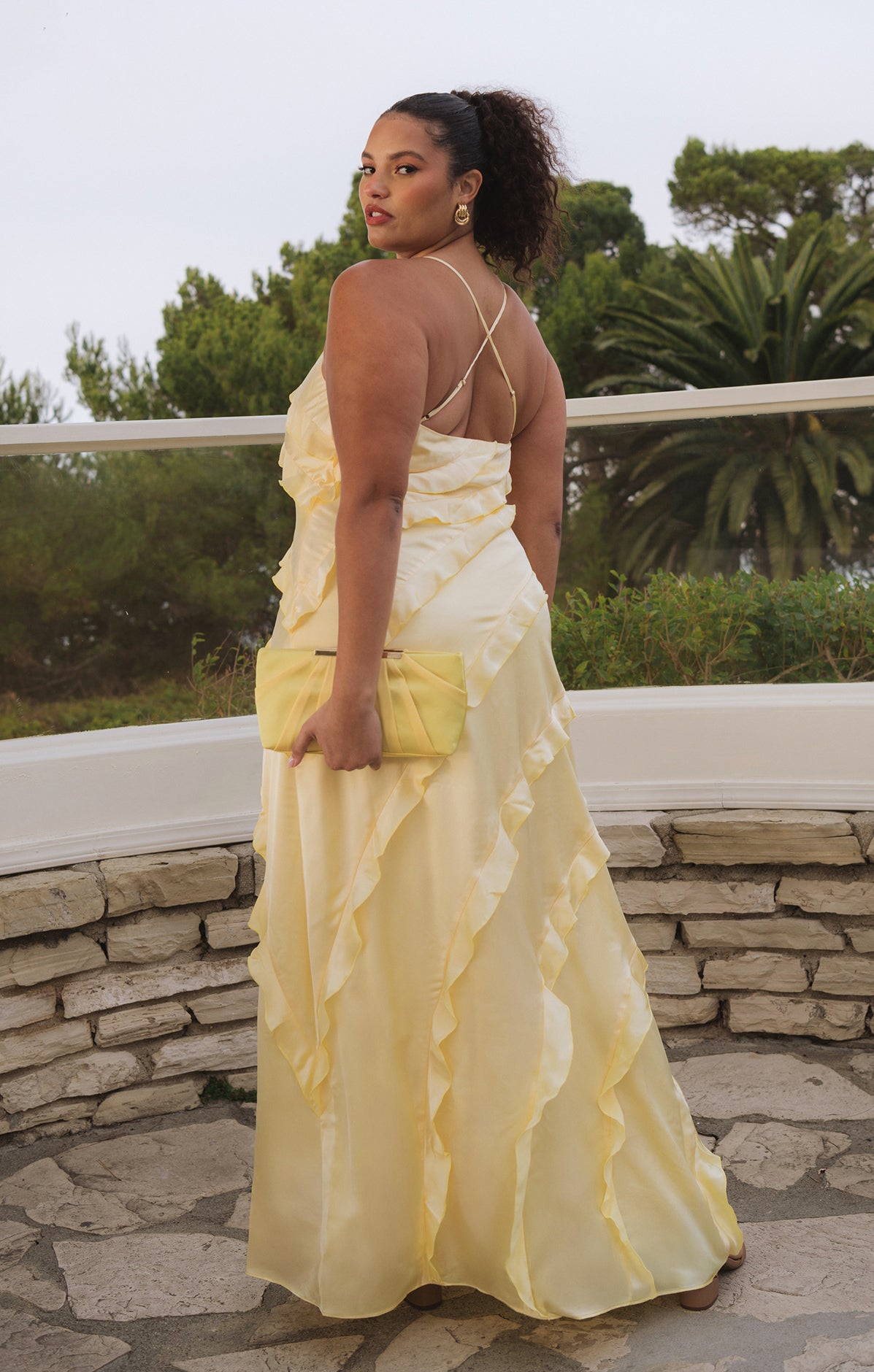 Pale Yellow Satin Ruffle Maxi Dress for Weddings & Formal Events