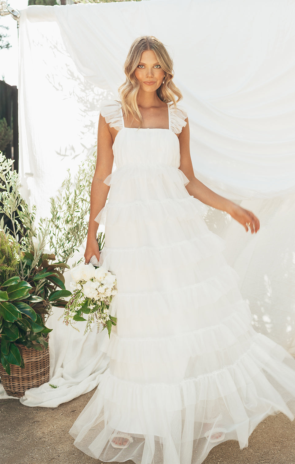 Whimsical White Tulle Maxi Dress with Ruffles for Bridal Events