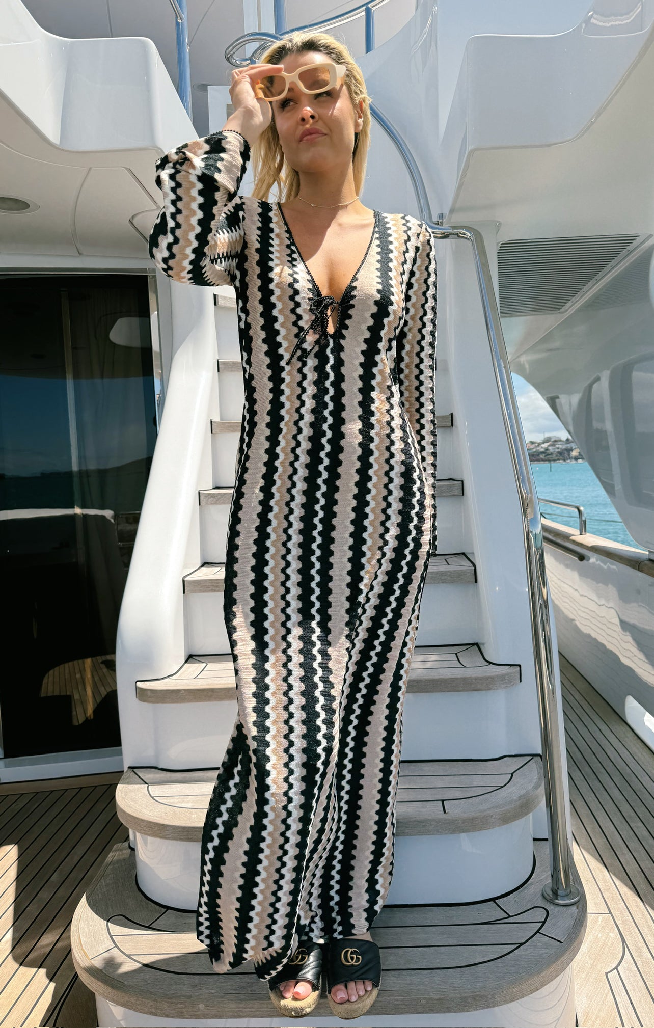 Crochet Maxi Coverup Dress with Long Sleeves & Tie Front