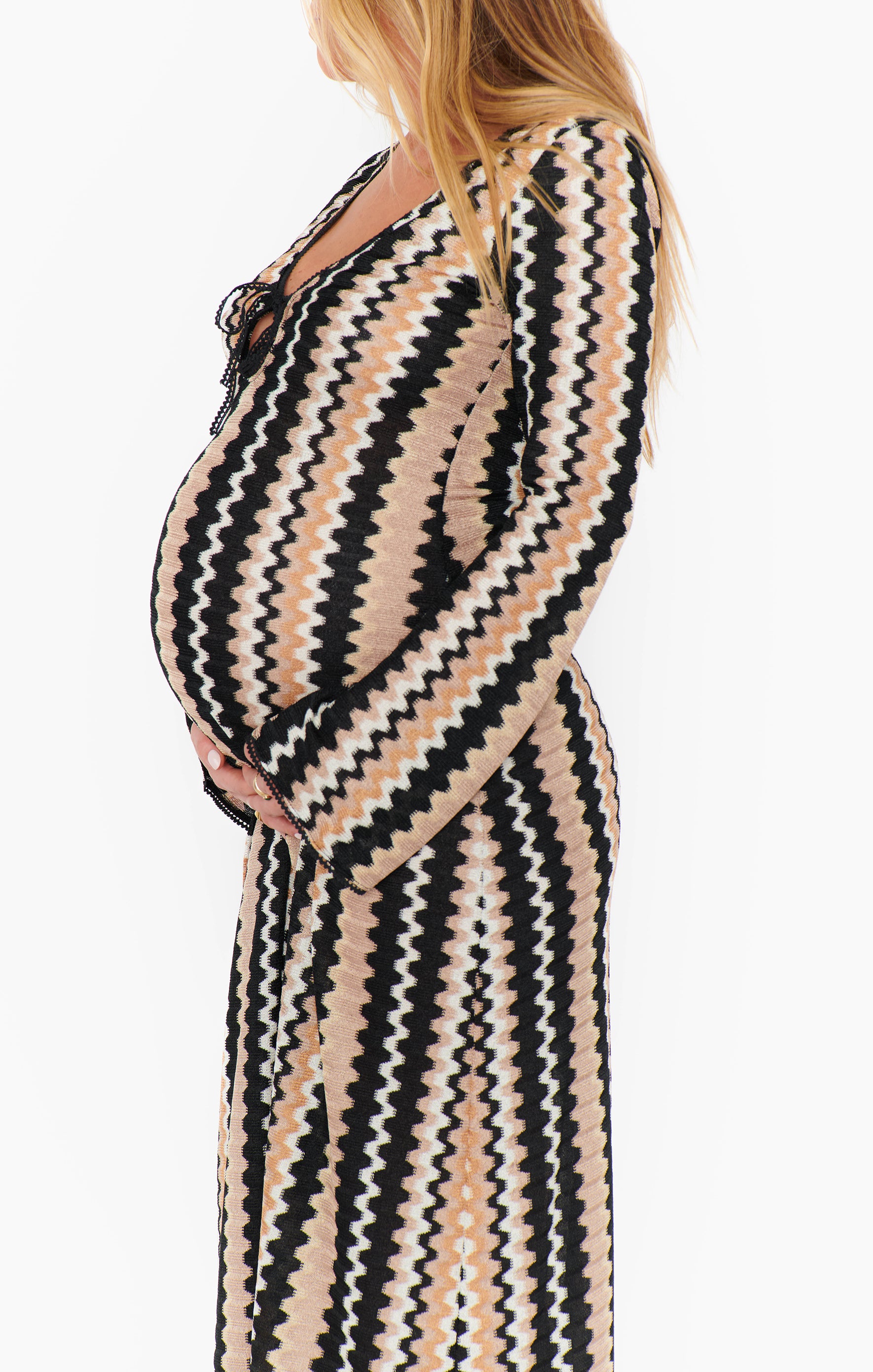Crochet Maxi Coverup Dress with Long Sleeves & Tie Front