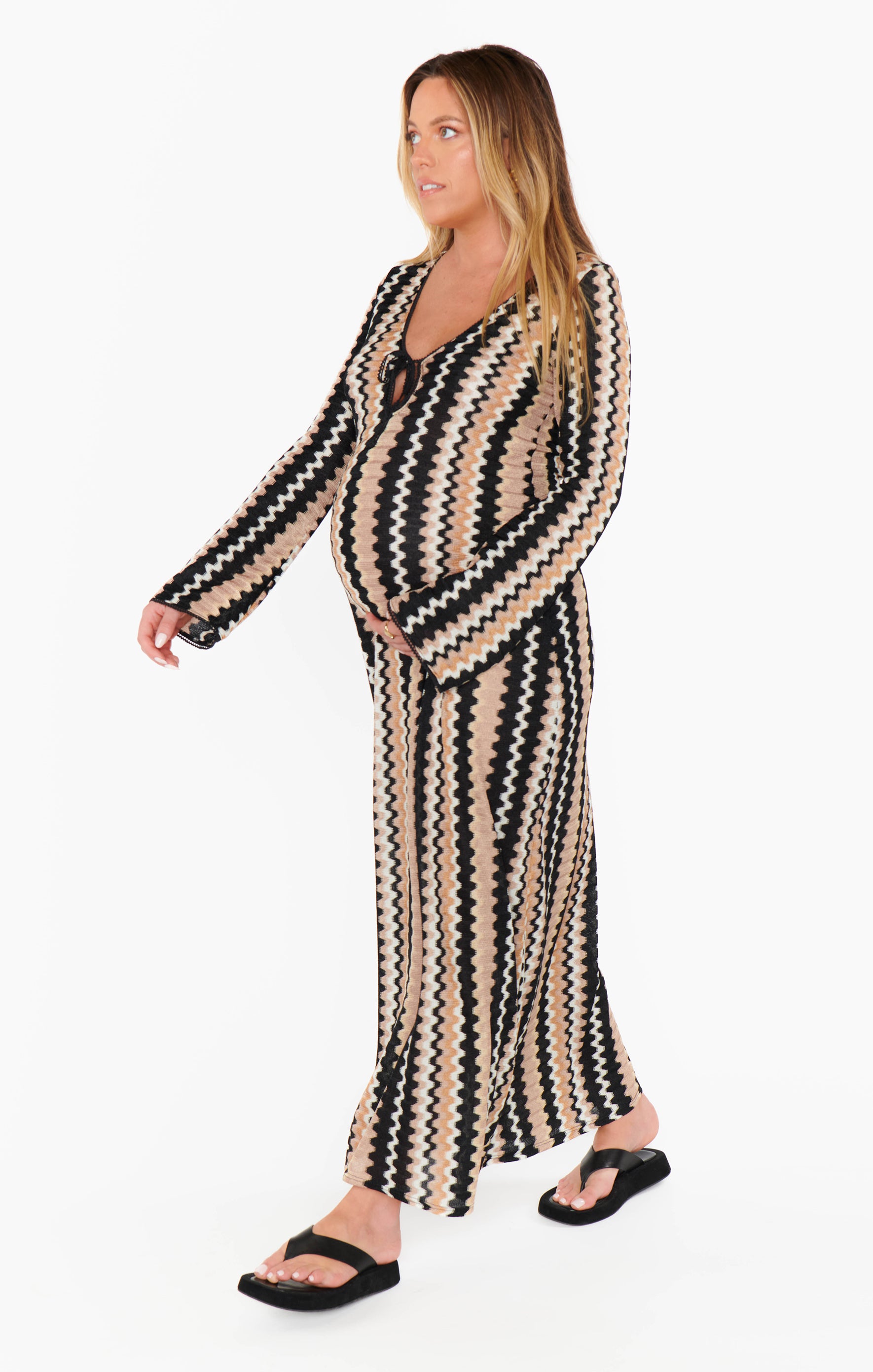 Crochet Maxi Coverup Dress with Long Sleeves & Tie Front