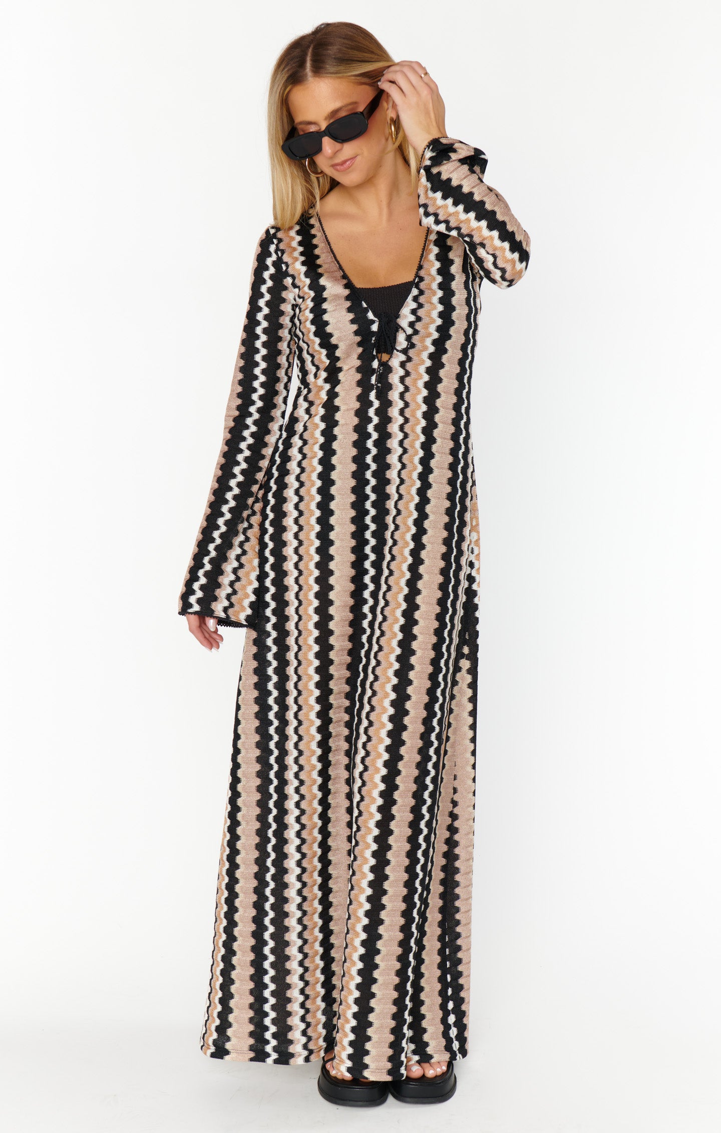 Crochet Maxi Coverup Dress with Long Sleeves & Tie Front
