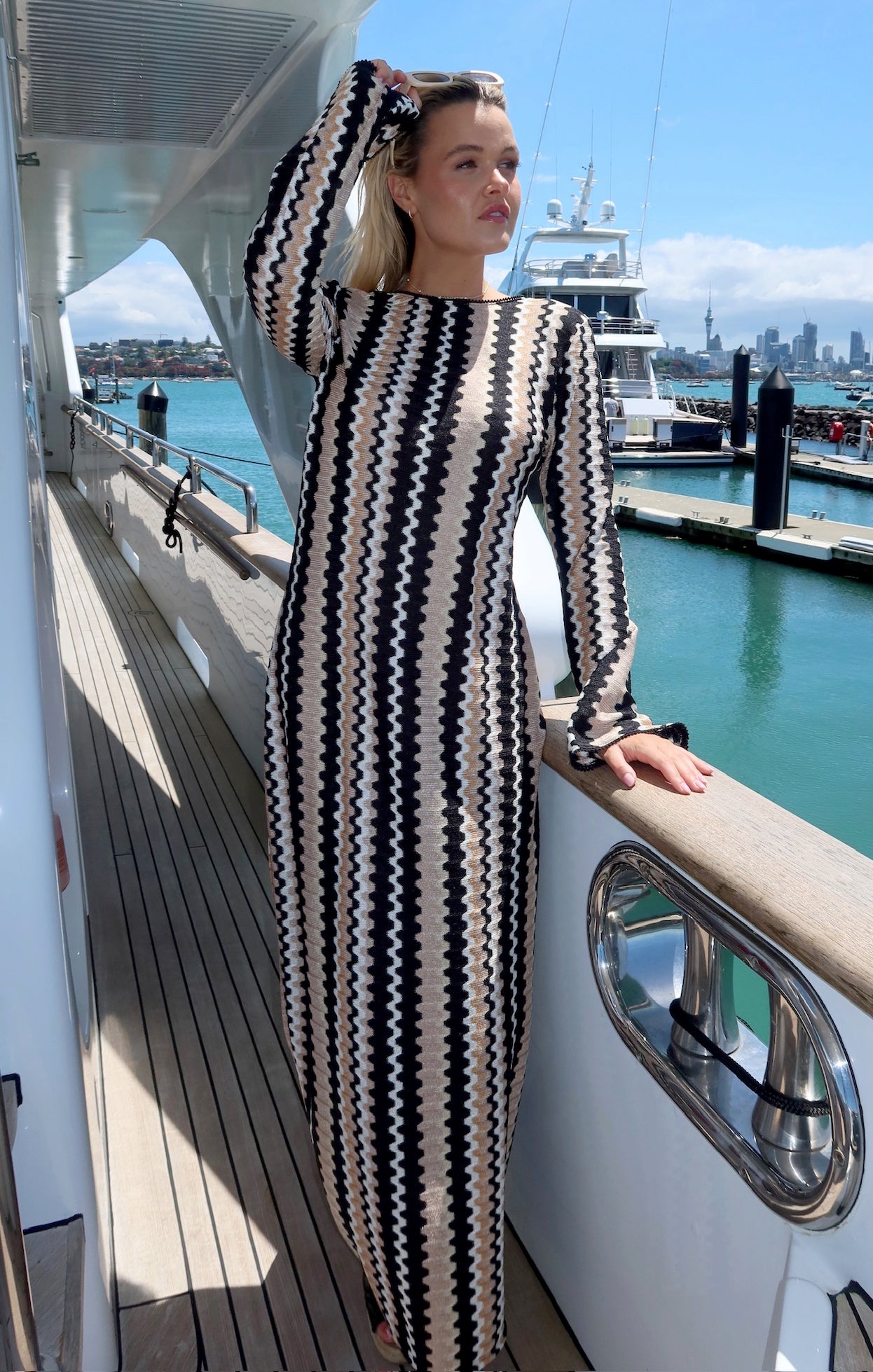 Crochet Maxi Coverup Dress with Long Sleeves & Tie Front