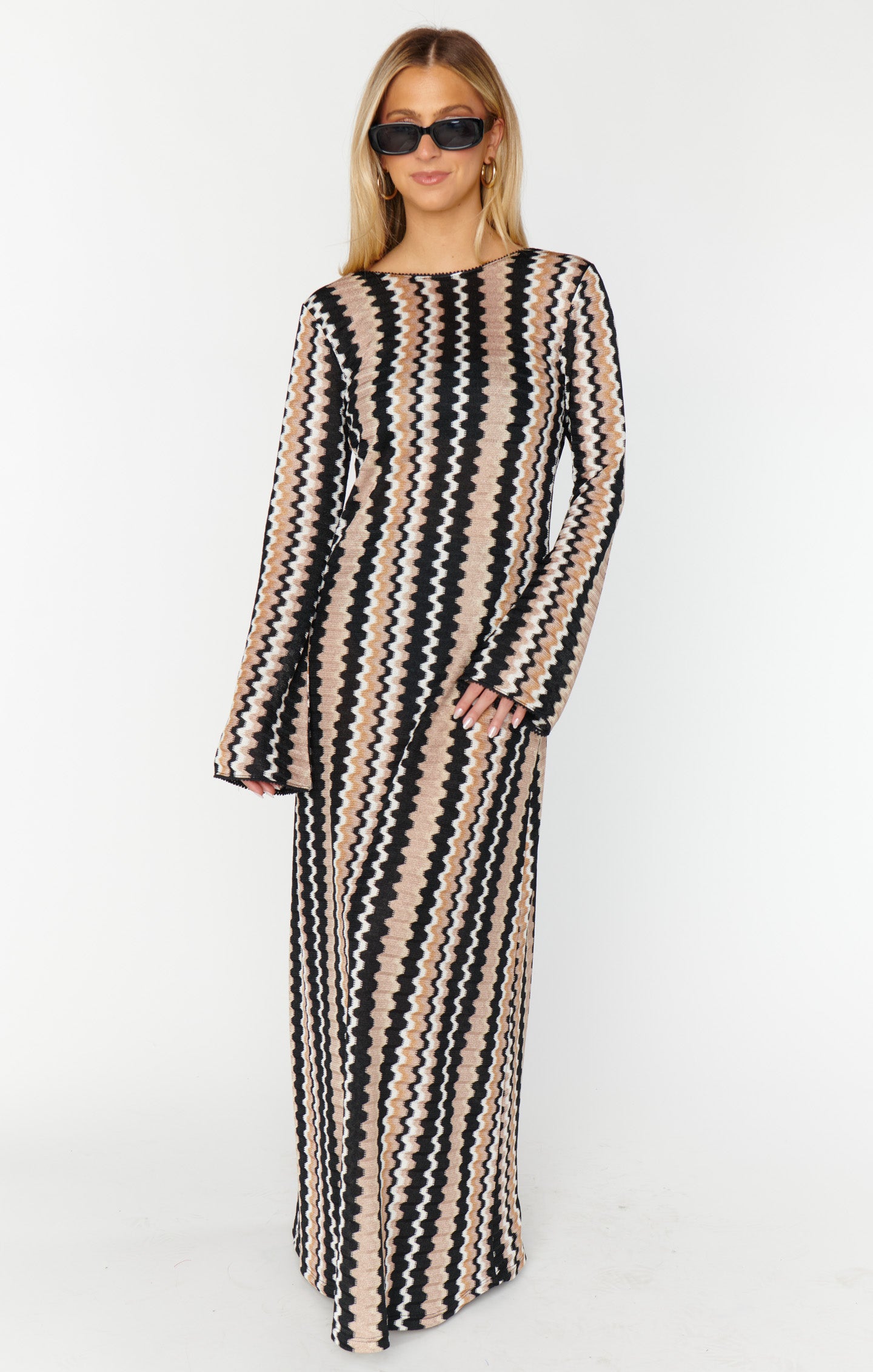 Crochet Maxi Coverup Dress with Long Sleeves & Tie Front