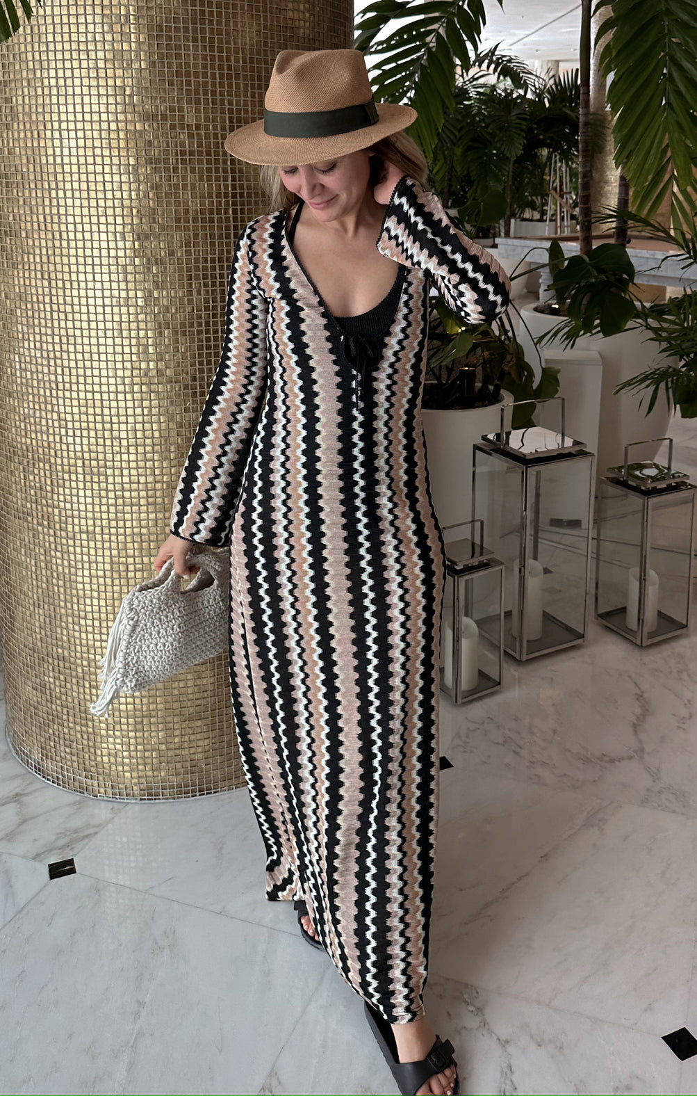 Crochet Maxi Coverup Dress with Long Sleeves & Tie Front
