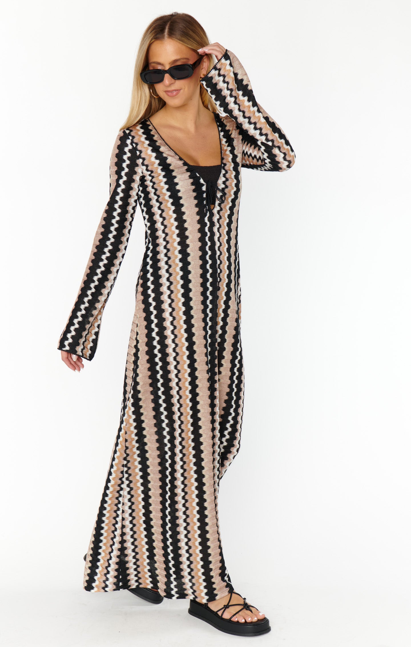 Crochet Maxi Coverup Dress with Long Sleeves & Tie Front