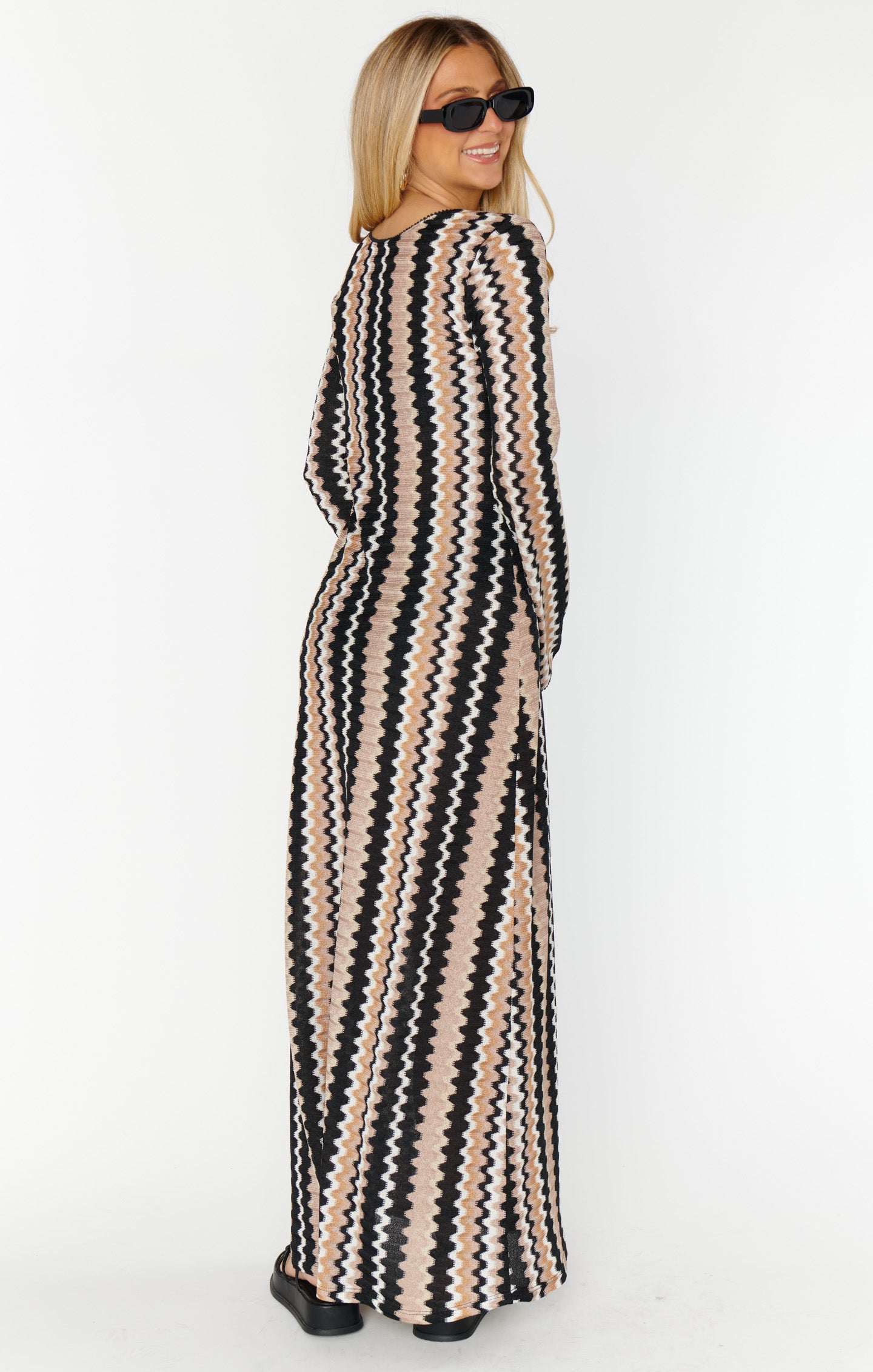 Crochet Maxi Coverup Dress with Long Sleeves & Tie Front
