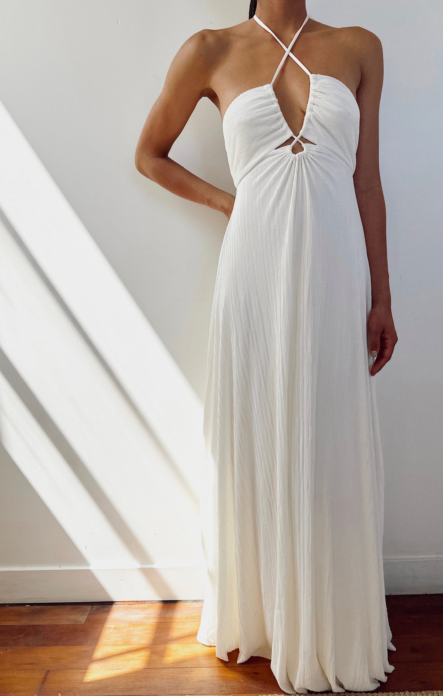 Ivory Pleated Maxi Dress with Convertible Halter Neckline