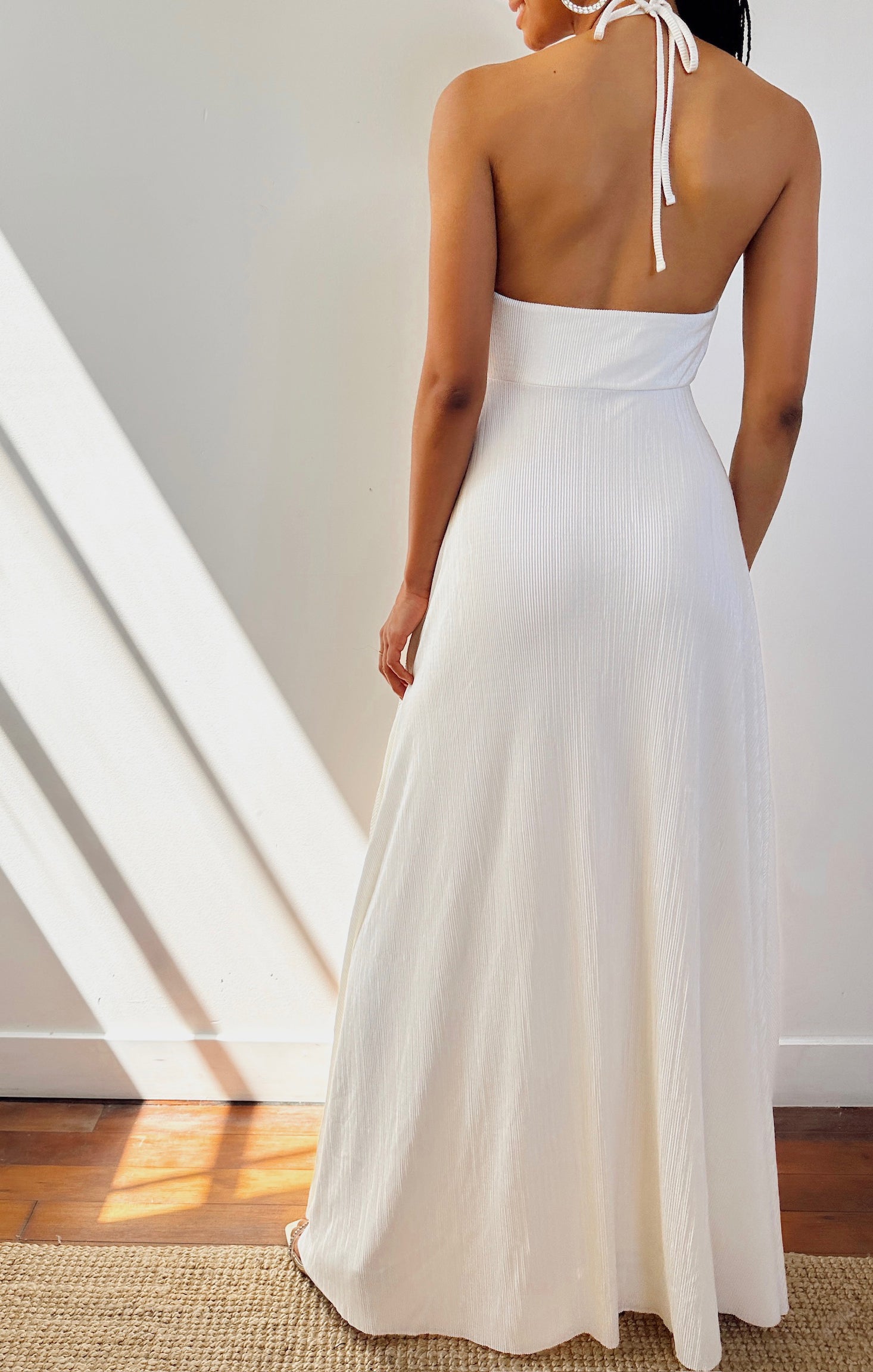 Ivory Pleated Maxi Dress with Convertible Halter Neckline