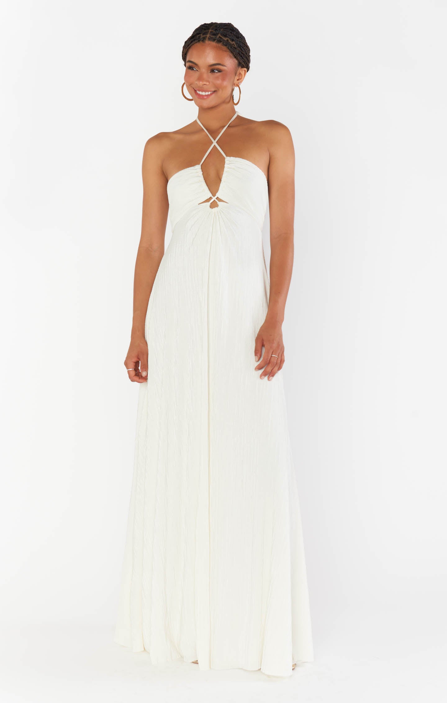 Ivory Pleated Maxi Dress with Convertible Halter Neckline