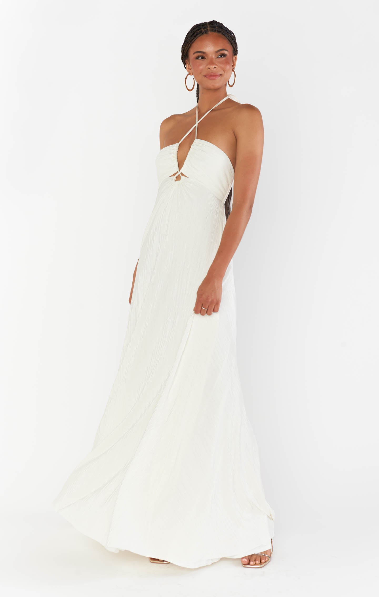 Ivory Pleated Maxi Dress with Convertible Halter Neckline