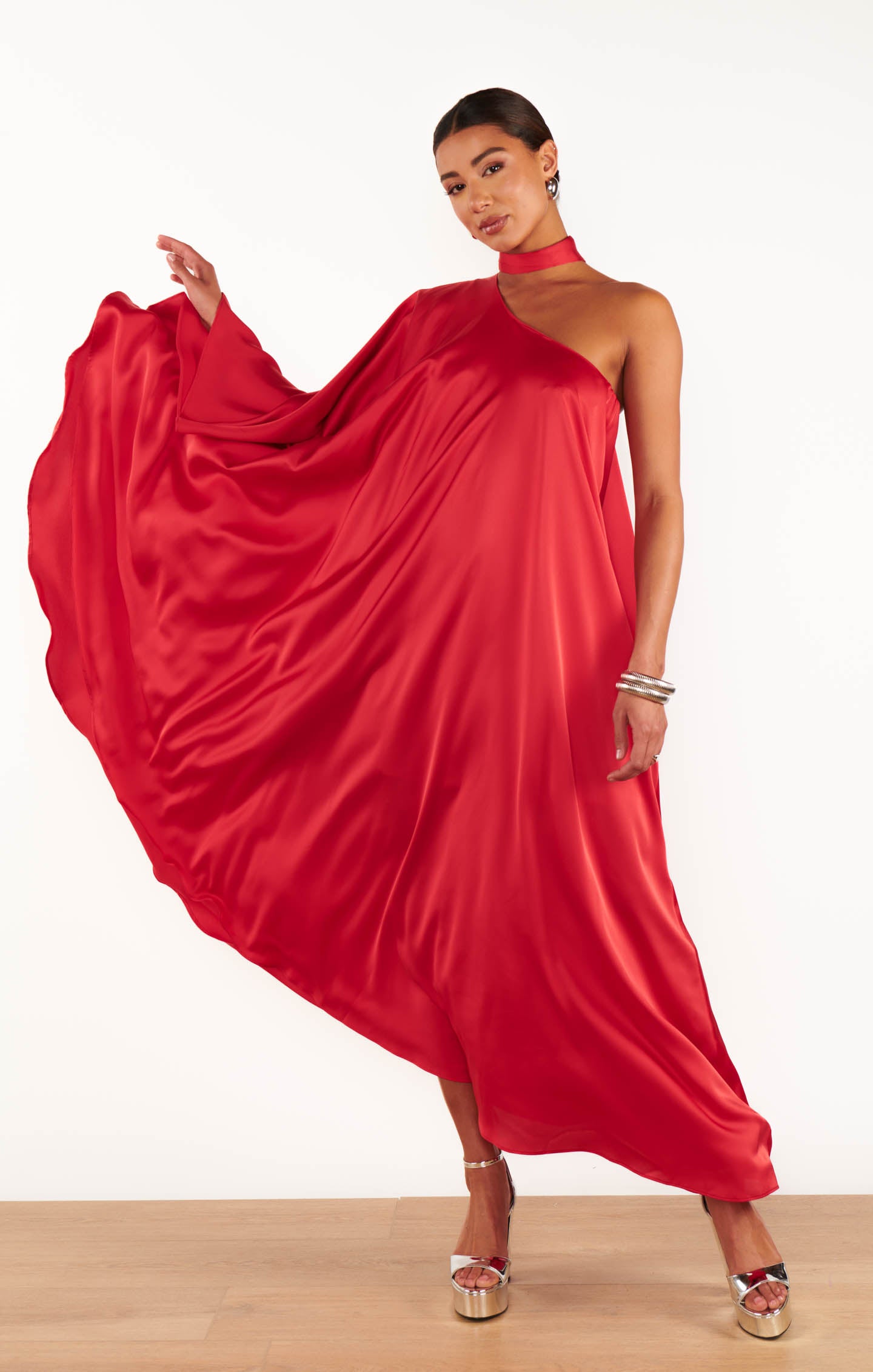 Rhea Red Satin One Shoulder Maxi Dress for Special Occasions