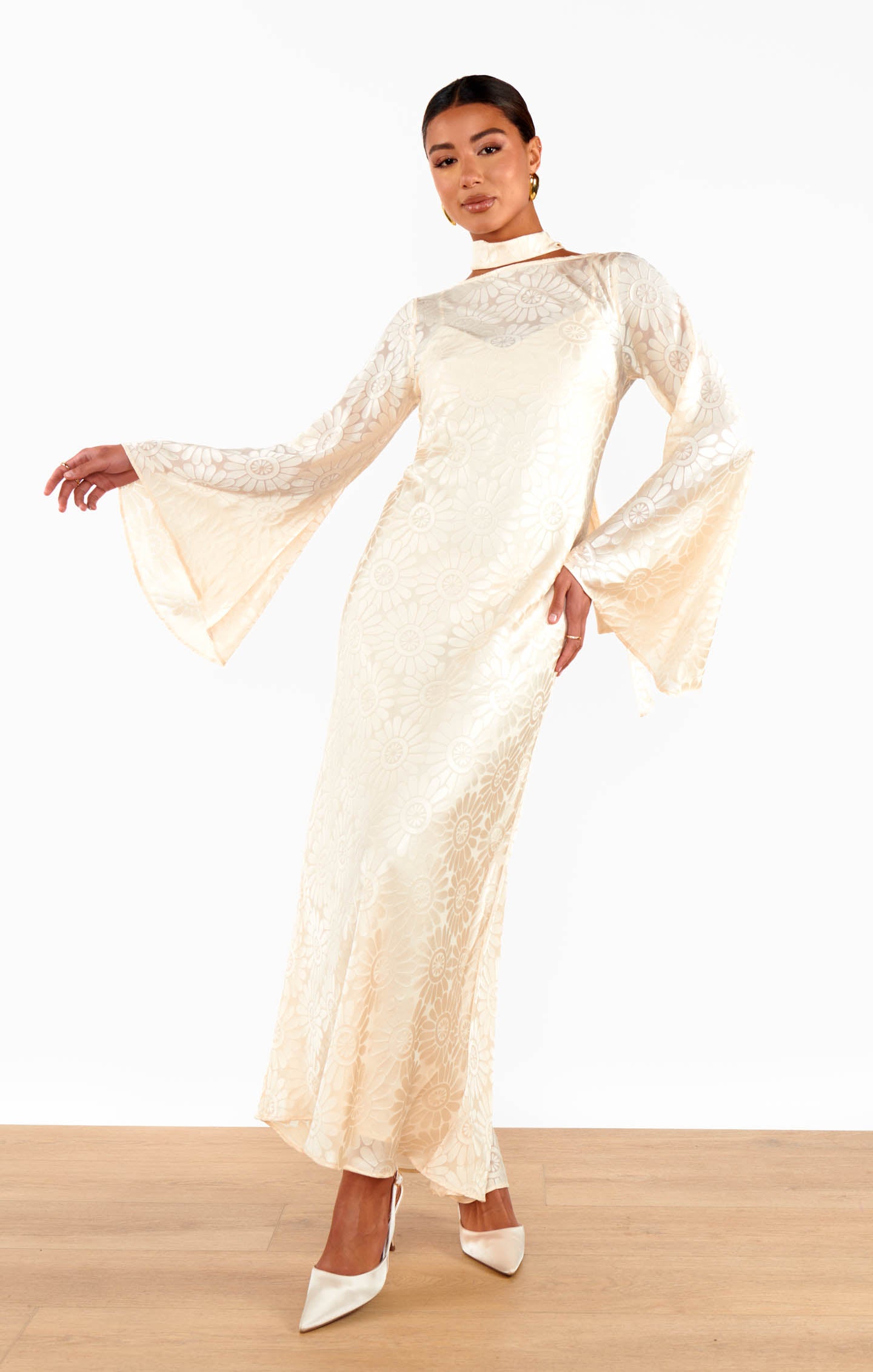 Cream Daisy Burnout Sarah Dress - Long Sleeve Floral Bridal Dress