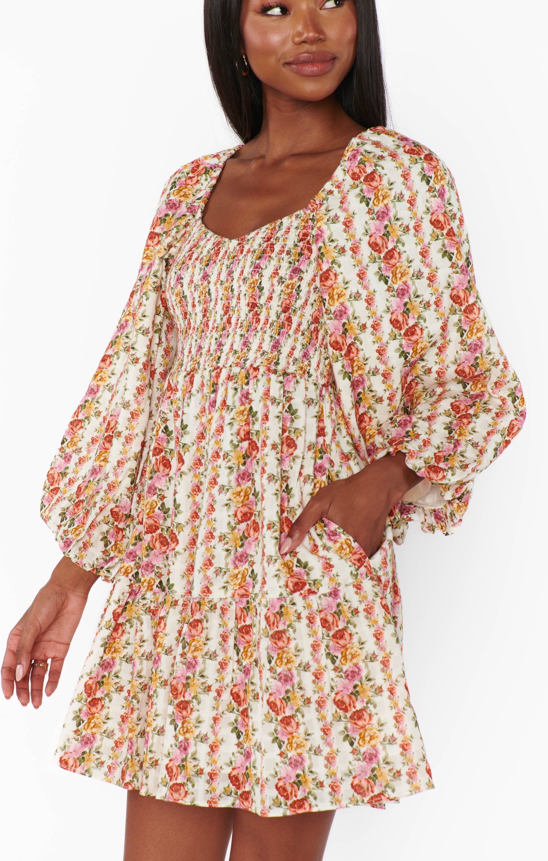 Josephine Floral Stripe Mini Dress with Balloon Sleeves