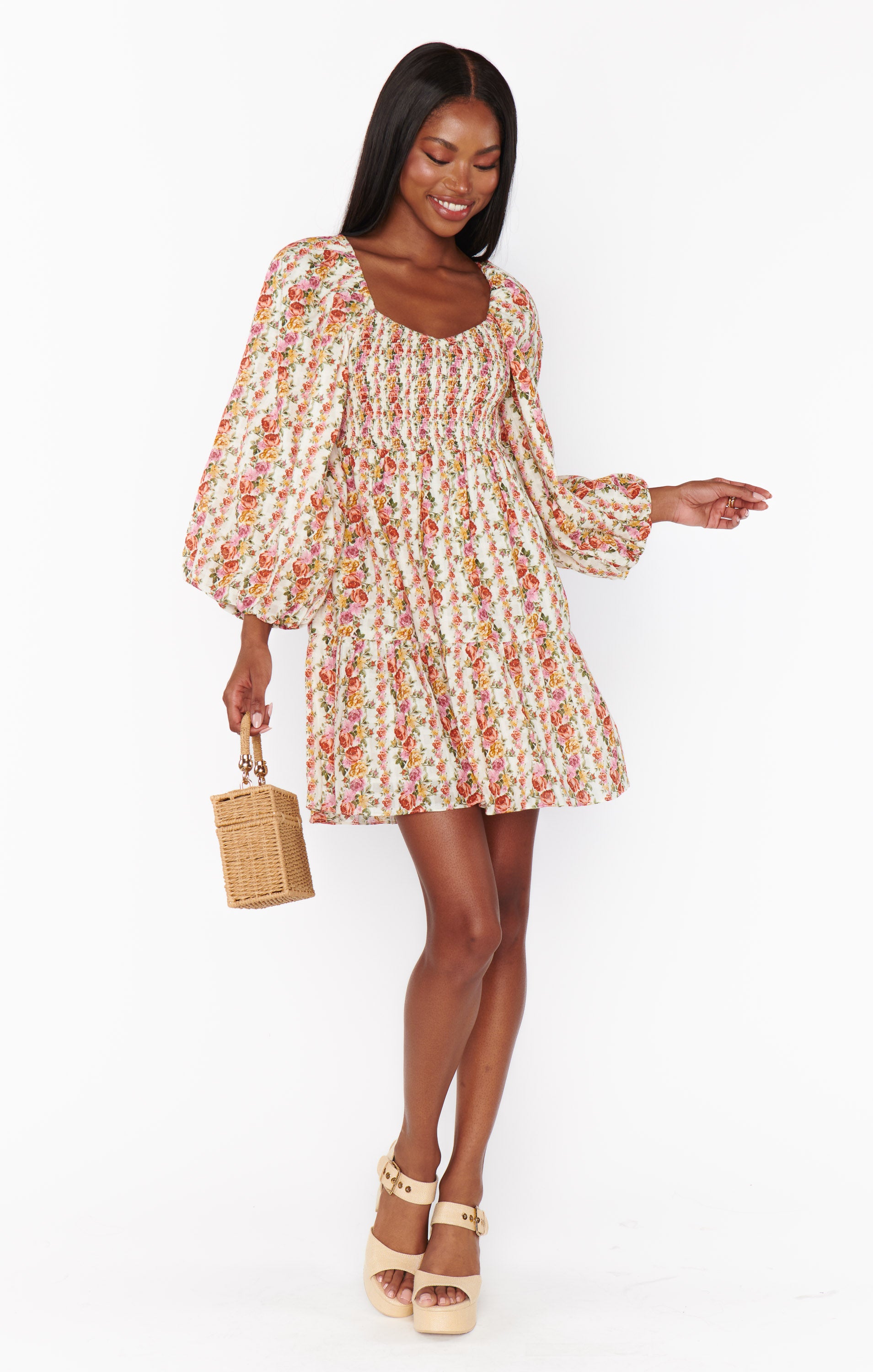 Josephine Floral Stripe Mini Dress with Balloon Sleeves
