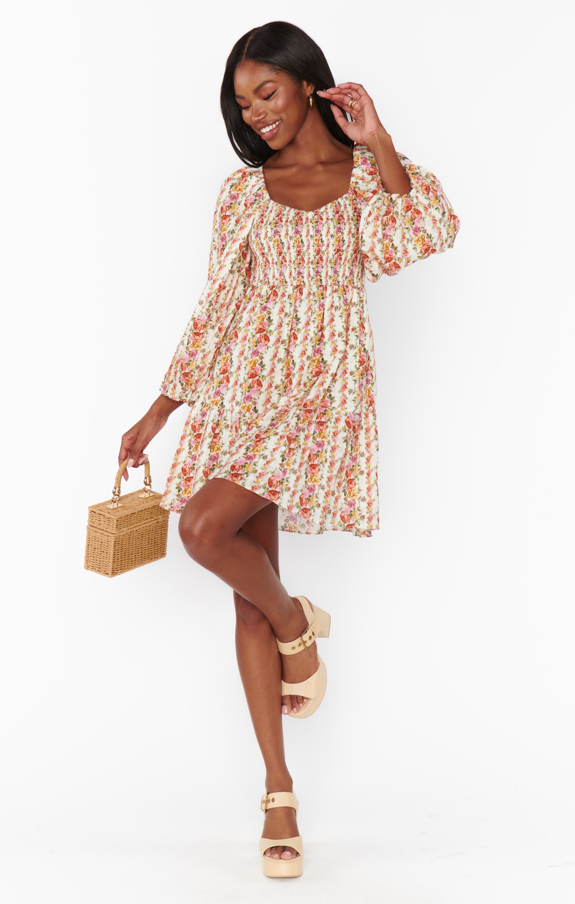 Josephine Floral Stripe Mini Dress with Balloon Sleeves