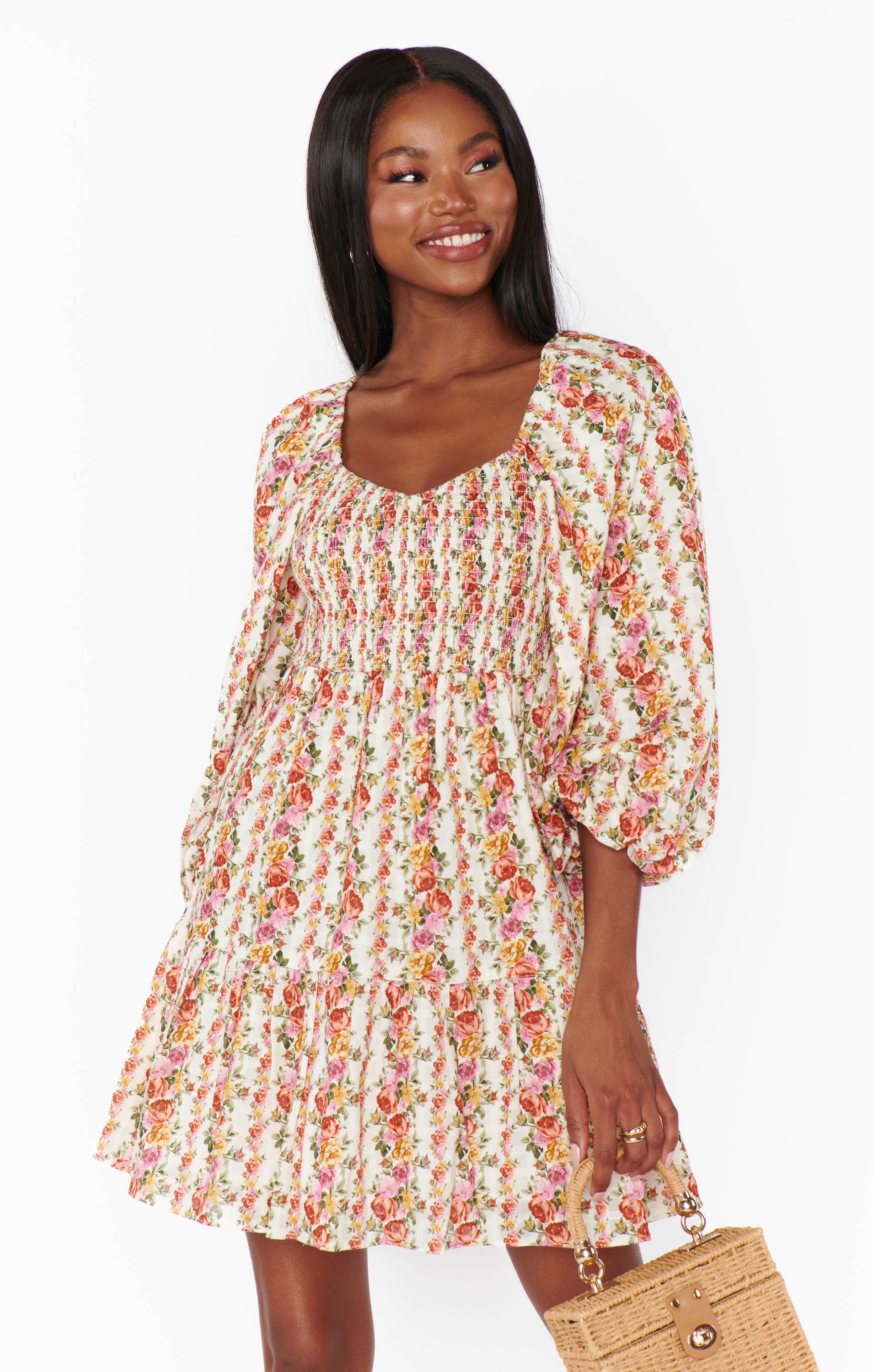 Josephine Floral Stripe Mini Dress with Balloon Sleeves