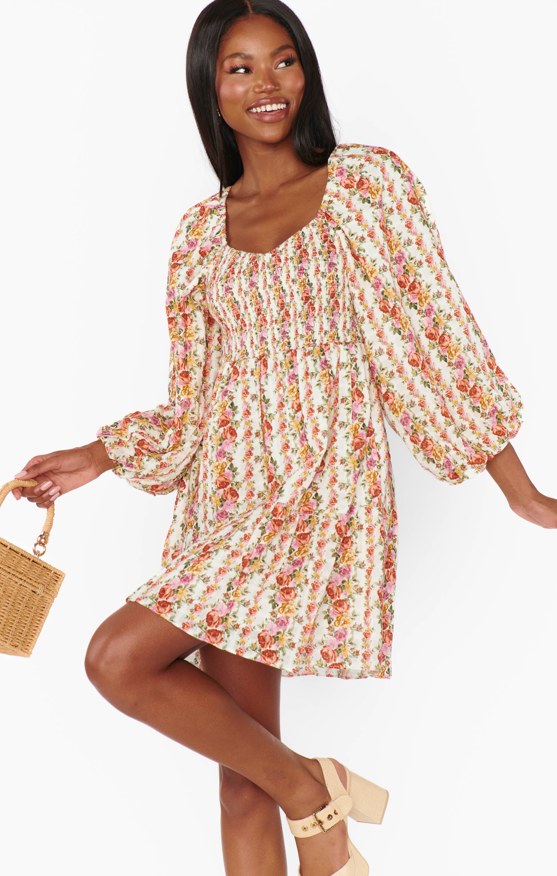 Josephine Floral Stripe Mini Dress with Balloon Sleeves