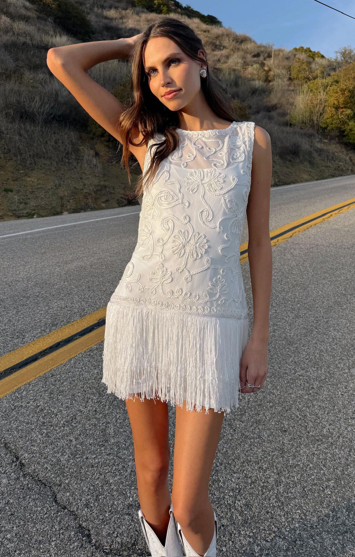 Cyrus White Fringe Mini Dress for Night Out & Festivals