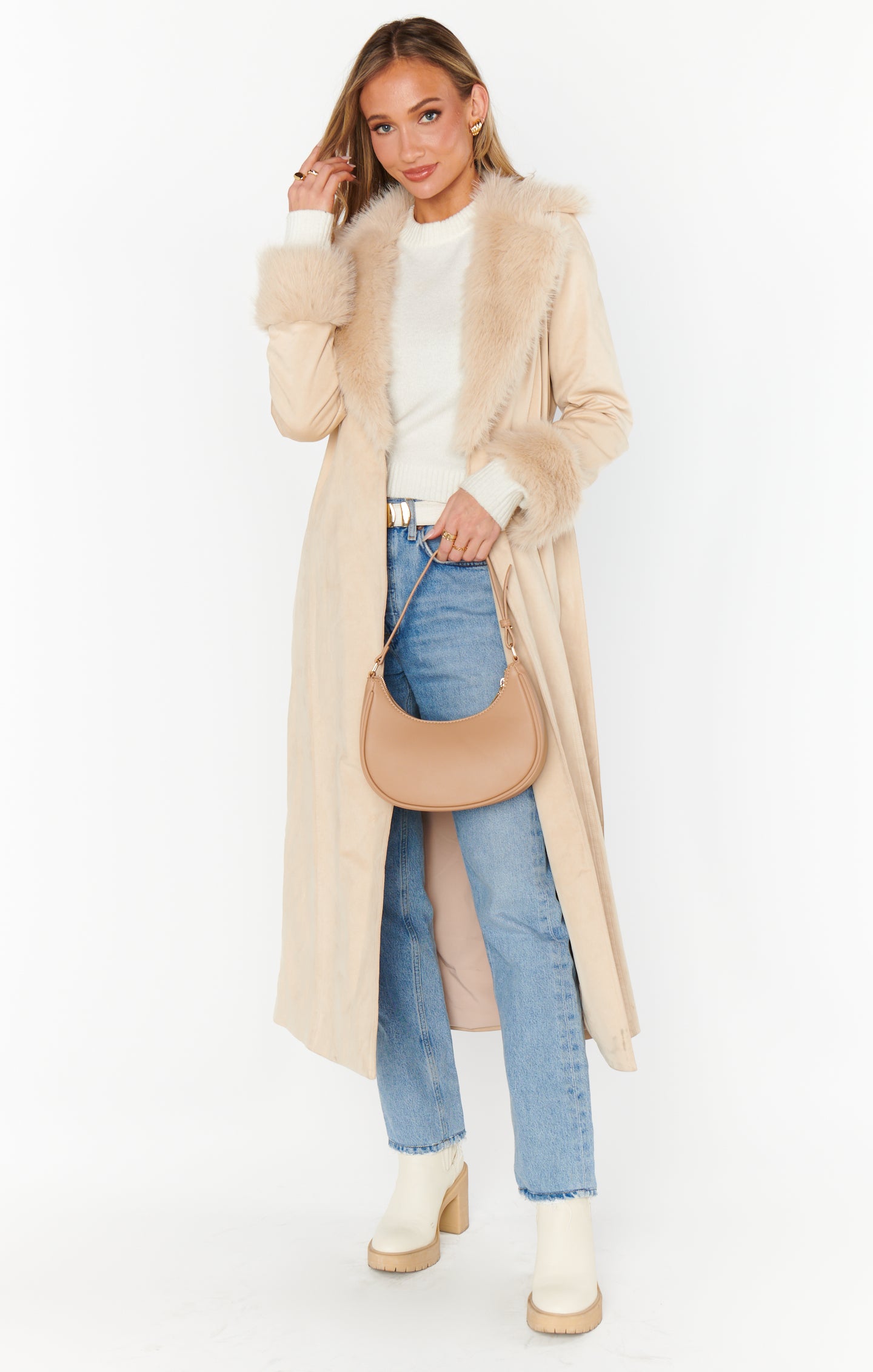 Penny Lane Beige Faux Suede Long Coat with Faux Fur Collar