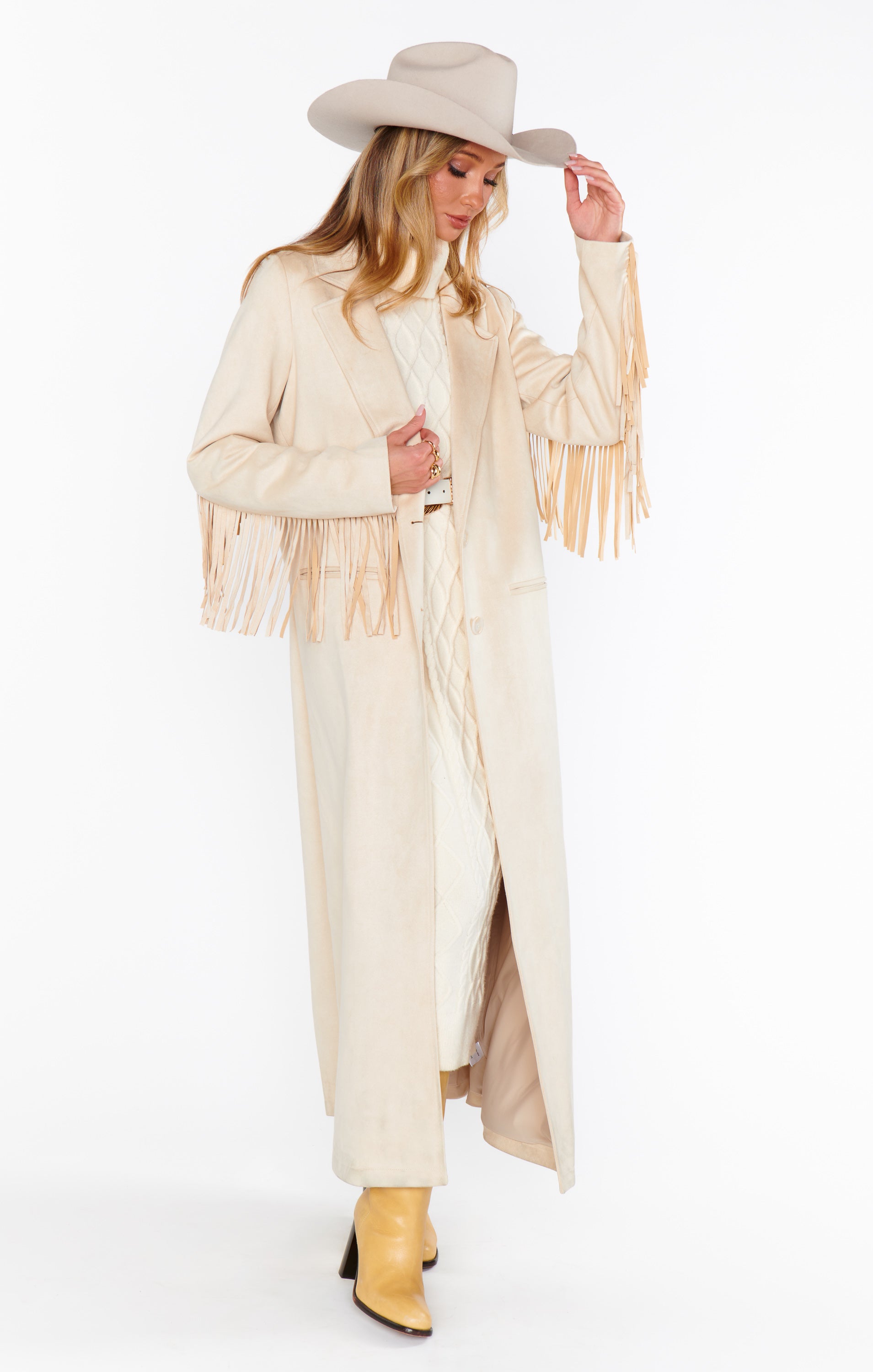Cream Faux Suede Sierra Fringe Maxi Jacket – Ankle-Length Boho Style