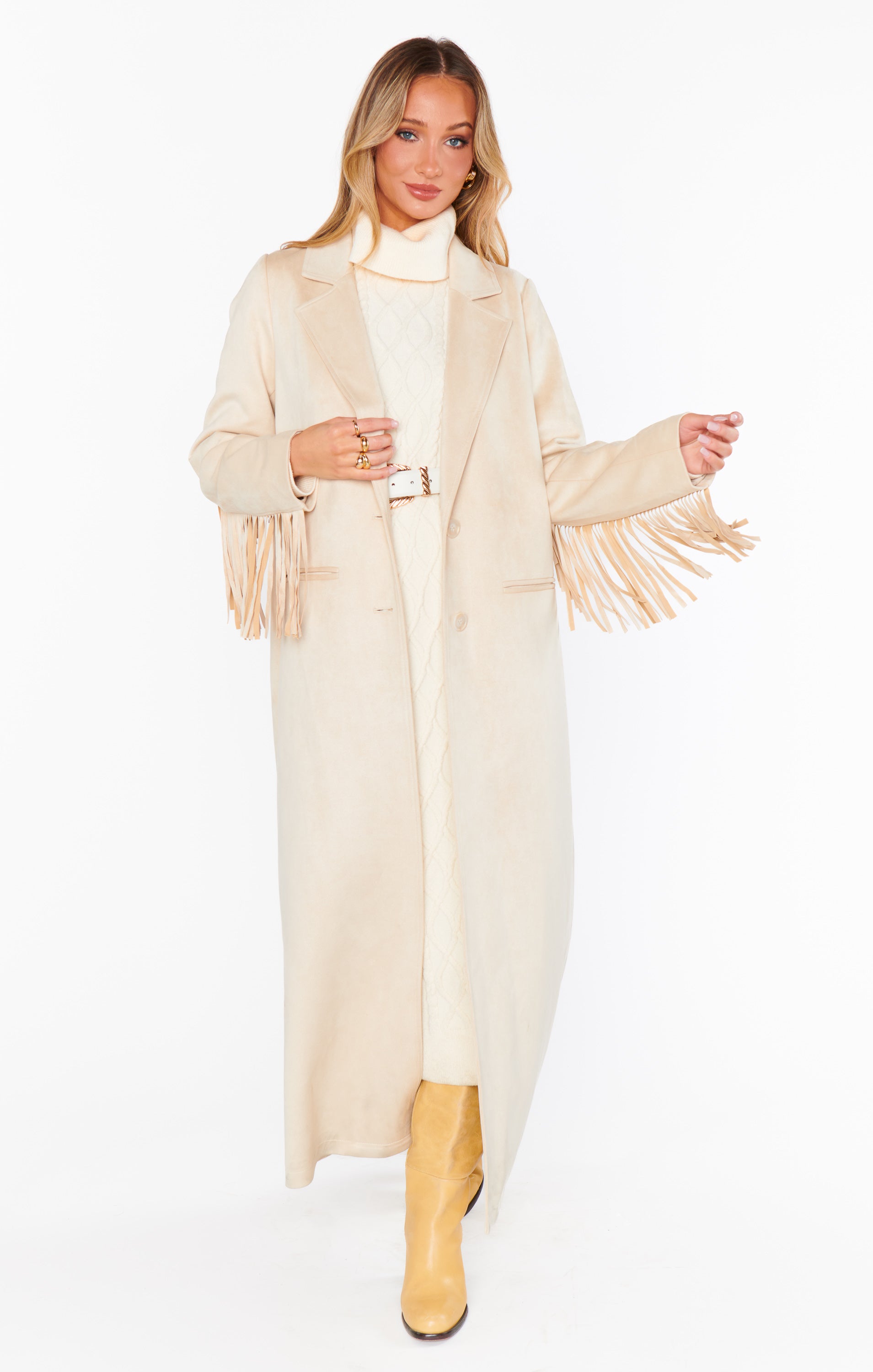 Cream Faux Suede Sierra Fringe Maxi Jacket – Ankle-Length Boho Style