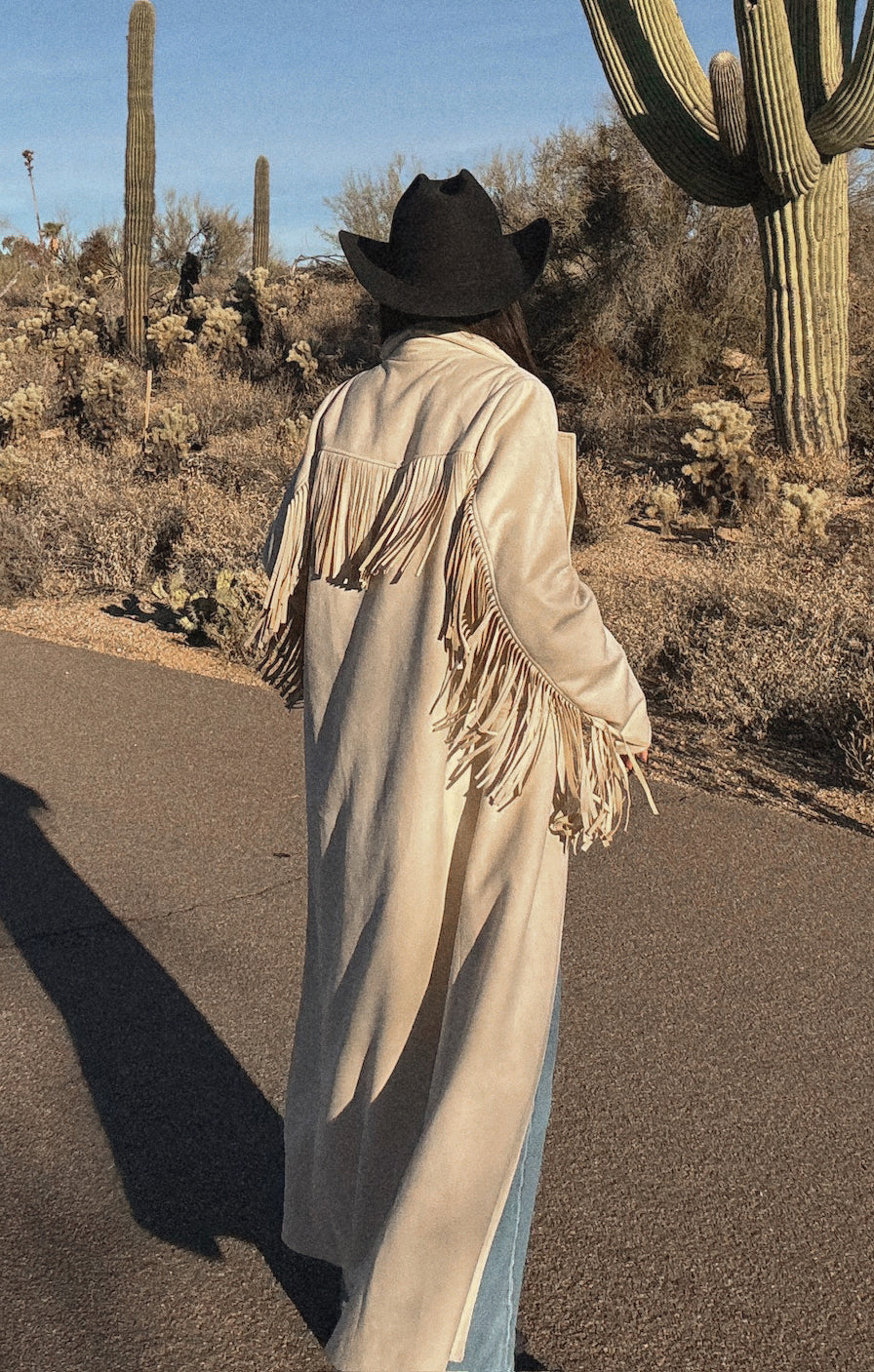 Cream Faux Suede Sierra Fringe Maxi Jacket – Ankle-Length Boho Style