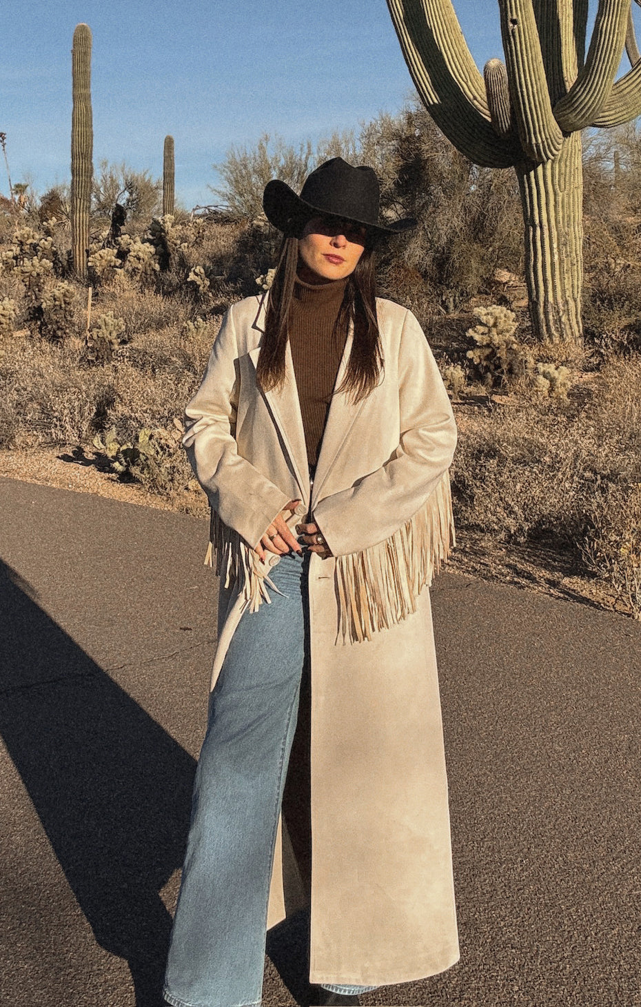 Cream Faux Suede Sierra Fringe Maxi Jacket – Ankle-Length Boho Style