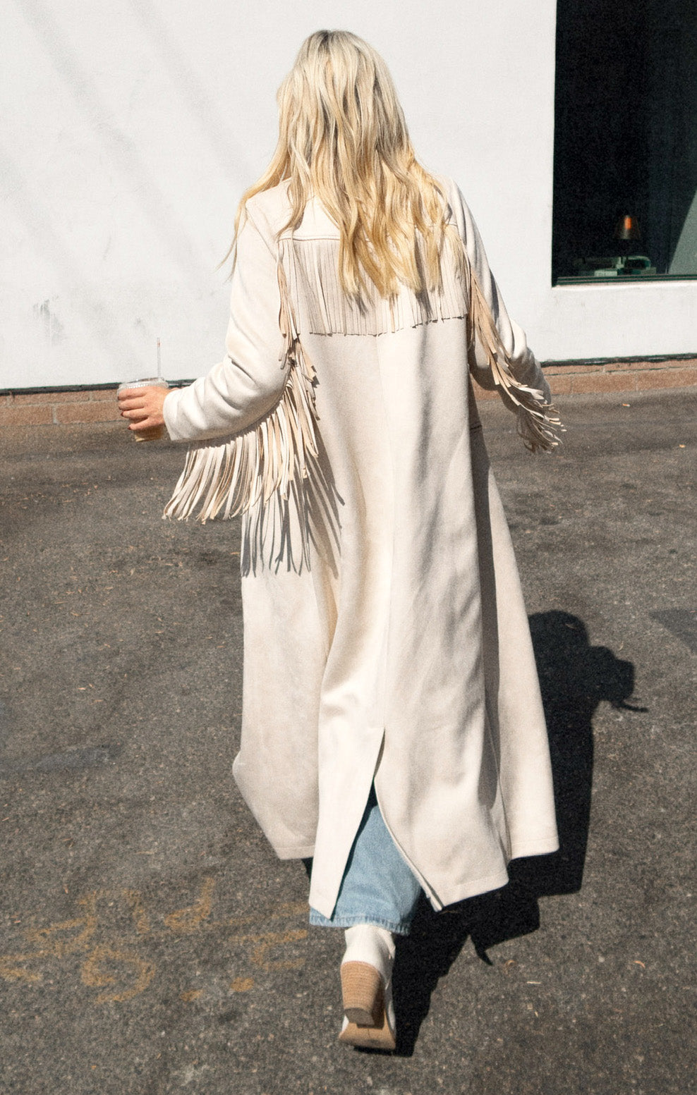 Cream Faux Suede Sierra Fringe Maxi Jacket – Ankle-Length Boho Style