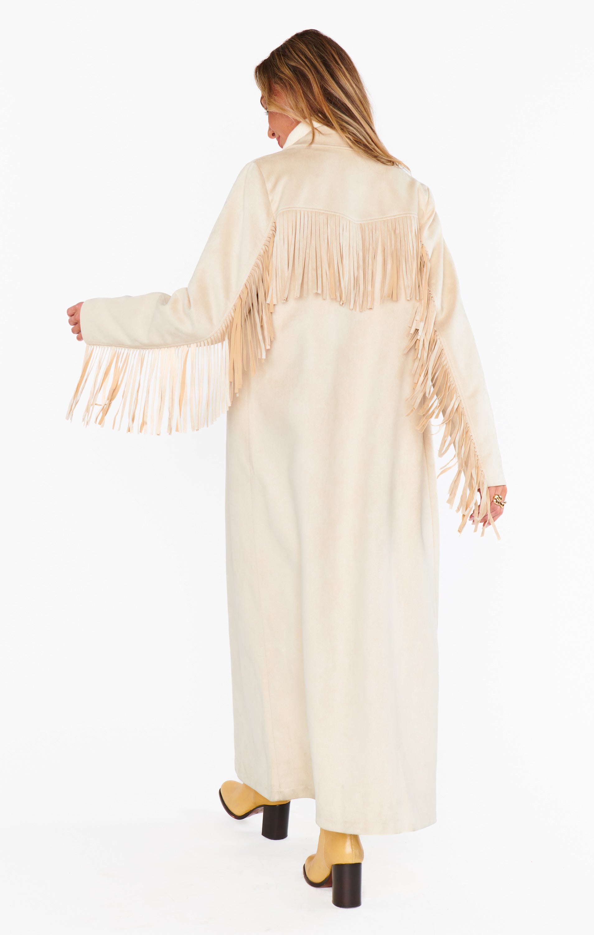 Cream Faux Suede Sierra Fringe Maxi Jacket – Ankle-Length Boho Style